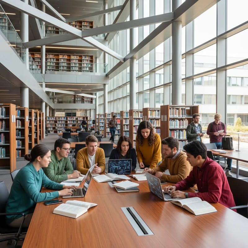 A diverse group of university students collaborating on a project in a modern library