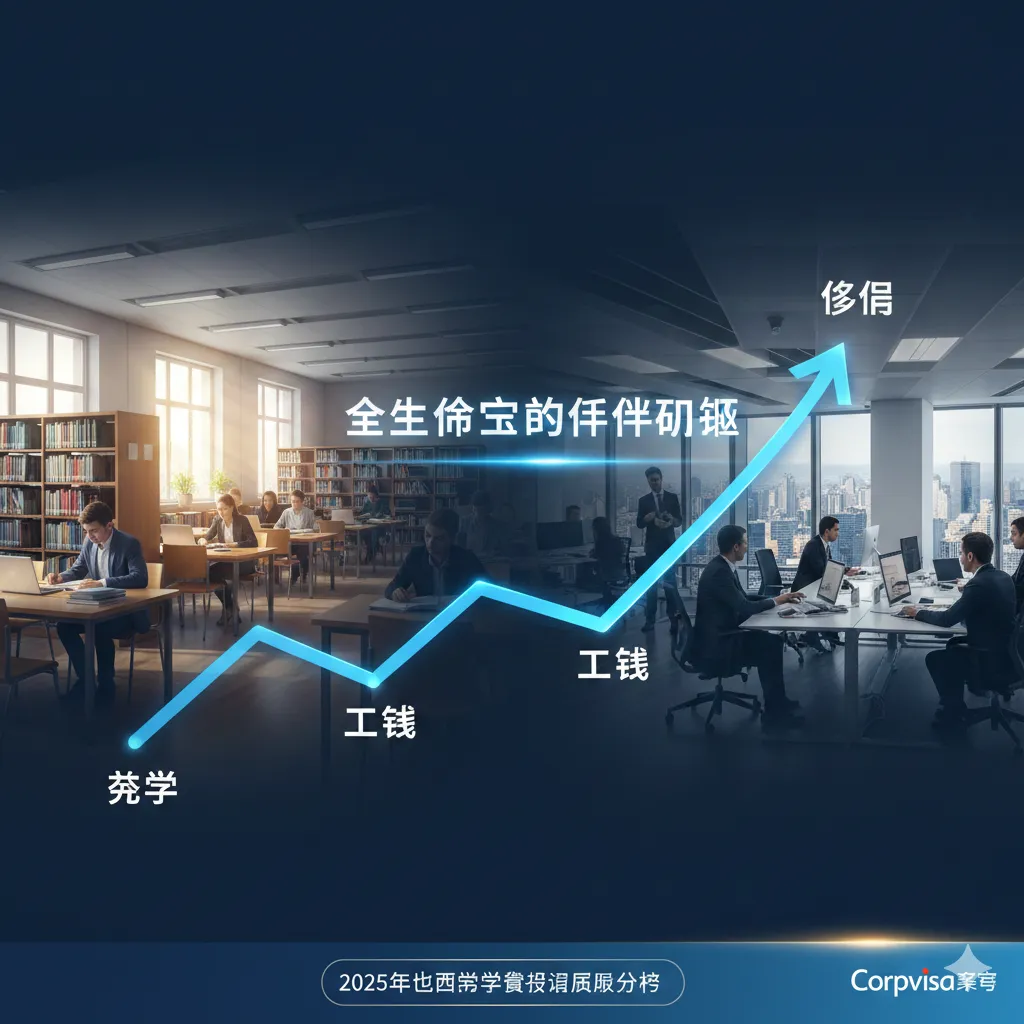 一张体现Corpvisa品牌专业优势的创意图片。画面采用双重曝光效果,左侧是校园图书馆的静谧场景,右侧是繁华大都市的职业办公场景,中间由一条发光的上升曲线连接。曲线节点标注着‘留学’、‘工签’、‘移民’。整体风格高端,采用Corpvisa品牌蓝调,构图上体现出‘全生命周期’的跨度,传达出不仅是留学更是身份规划的深度专业价值。