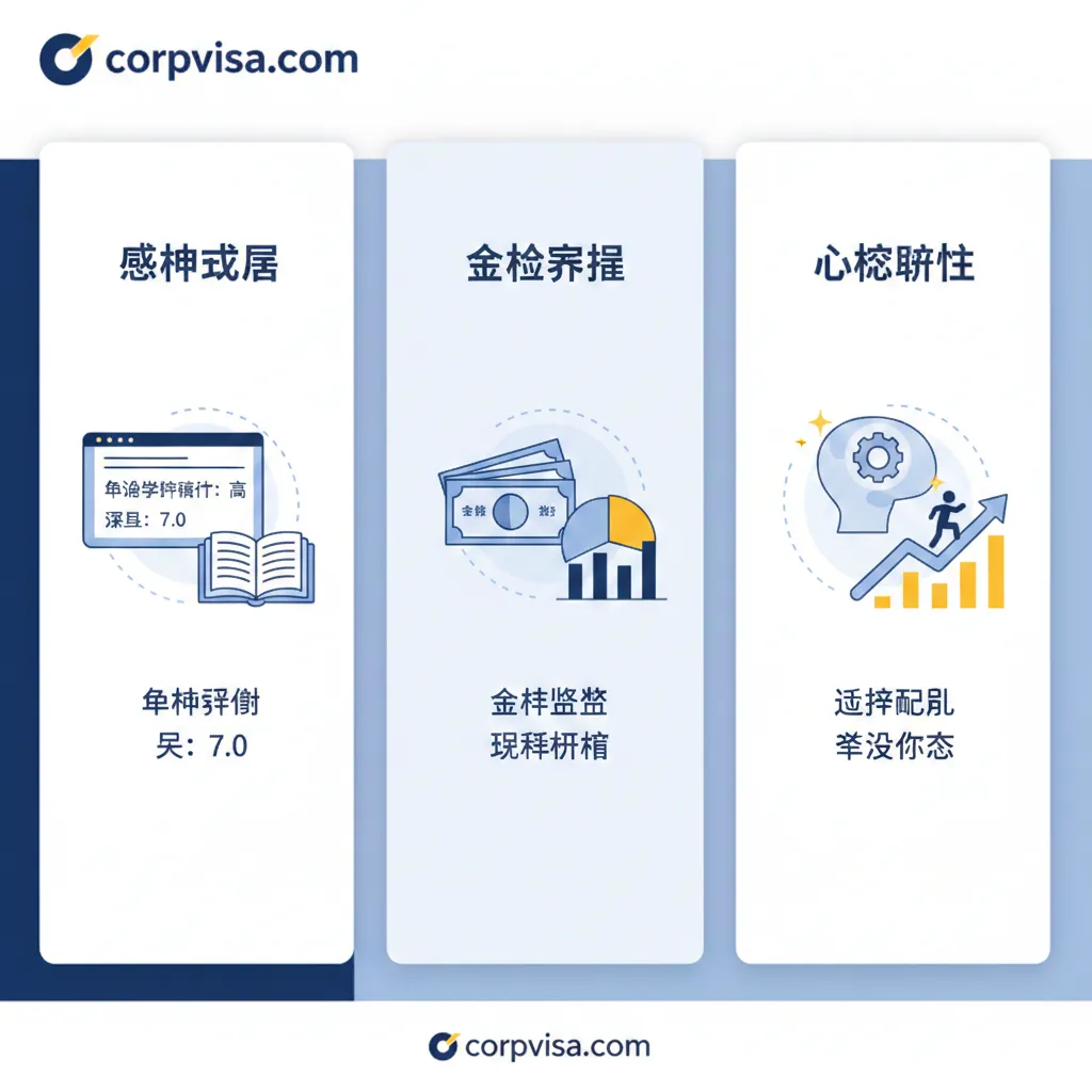 一张展示留学自我评估要素的扁平化矢量风格图。画面被分为三个视觉板块:学术成绩(展示带有高GPA的成绩单和雅思成绩单)、资金储备(展示整齐的存折与理财图表)以及心理韧性(展示一个发光的大脑和向上攀爬的图标)。配色以Corpvisa品牌色系为主,点缀亮黄色,构图整洁清晰,方便用户快速理解留学的硬性门槛。