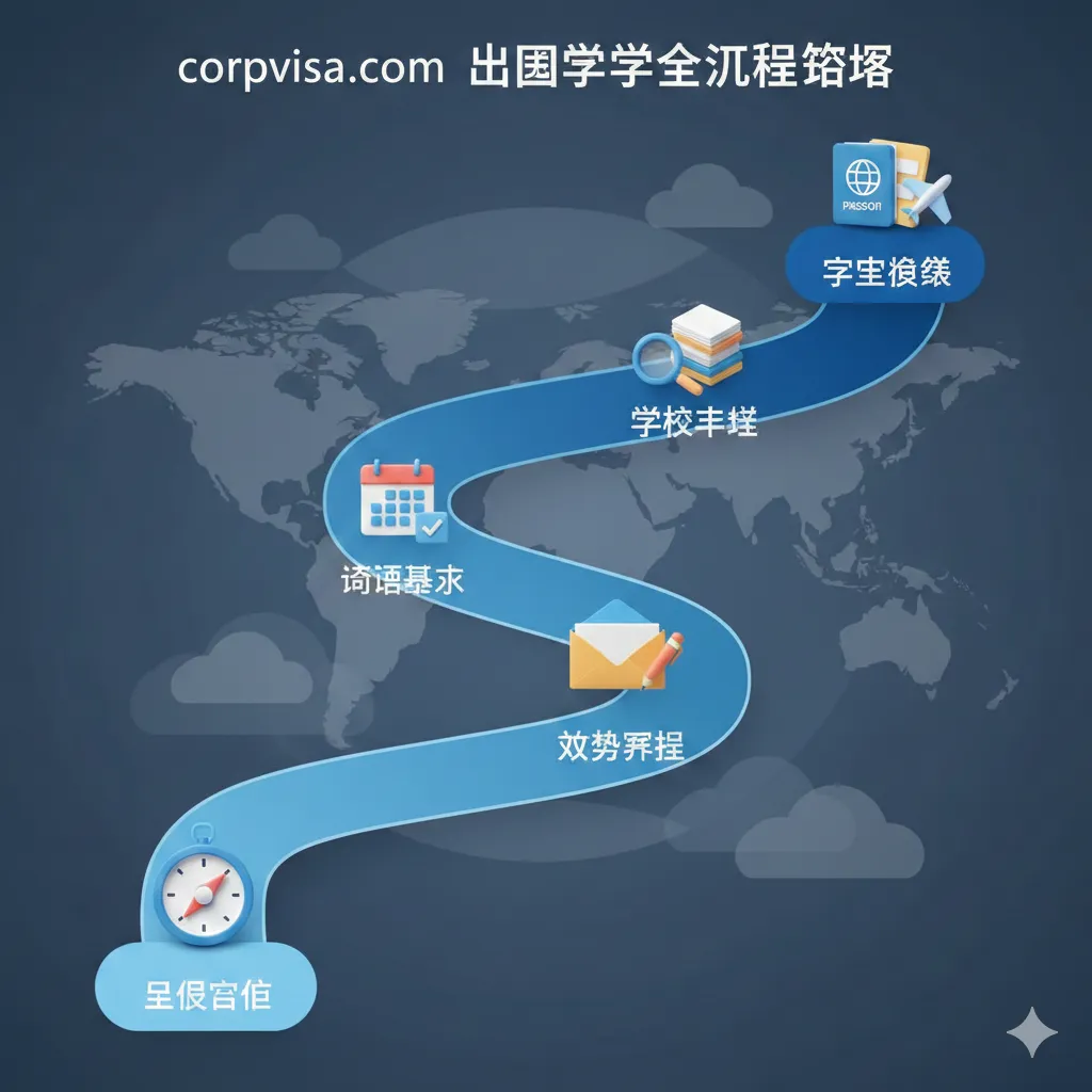 一张精美的留学申请全流程路线图。采用S型流程曲线构图,从底部的‘自我定位’出发,经过‘语言备考’、‘文书准备’、‘学校申请’,最终到达顶部的‘成功获签’。每个节点配有精致的3D小图标,如信封、日历、放大镜等。色彩使用渐变色系,从浅蓝到深蓝,视觉上引导读者从零基础一步步走向成功落地。