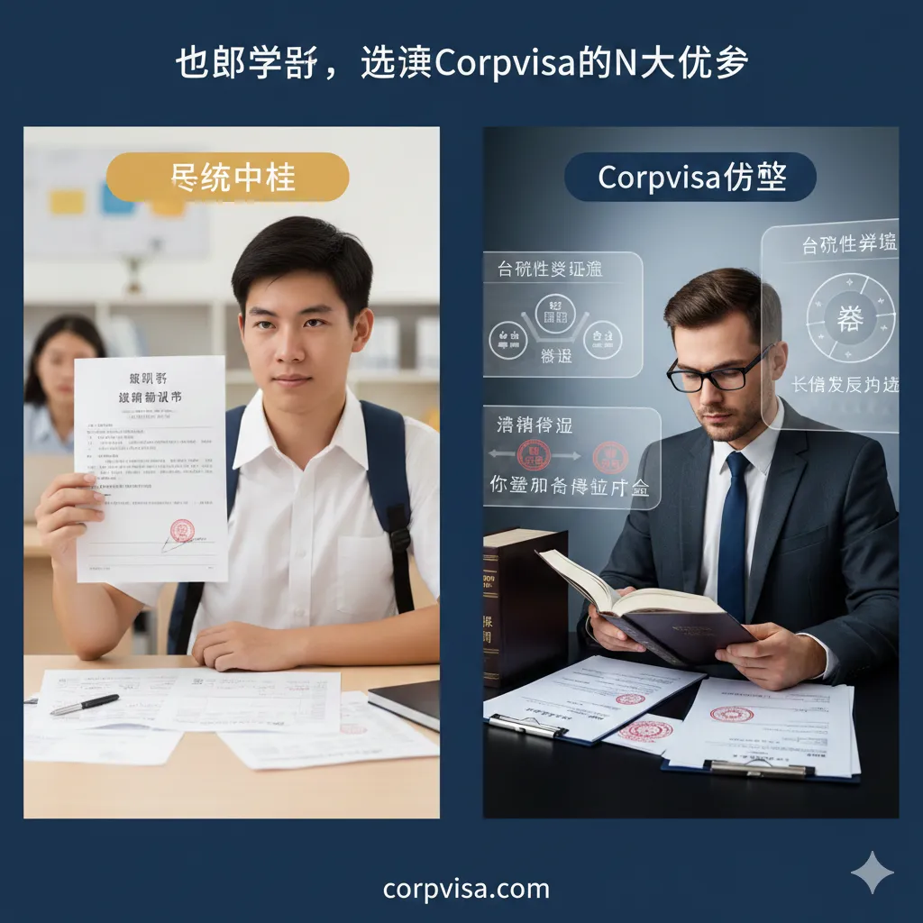 一张体现Corpvisa专业法律背景与留学优势的对比图。左侧展示传统中介只关注录取通知书的单一场景,右侧通过叠加图层展示Corpvisa在签证合规性、移民法律条款以及长期职业规划方面的深度介入。画面中包含专业法律书籍、盖章的签证文件以及深思熟虑的专业顾问形象。色调沉稳专业,强调安全、合规与长远规划的价值。