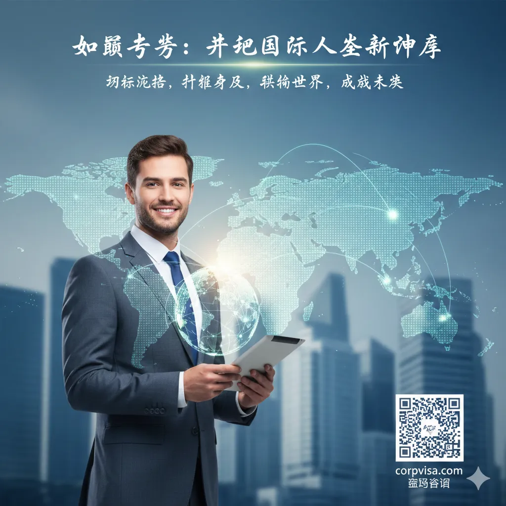 一张富有未来感和职业成就感的总结图。画面展示一名学成归来的职业人士或在海外职场自信工作的年轻人,背景是一张连接全球的航线图和模糊的现代化办公楼。色彩明快,充满正能量,视觉重心落在一个发光的全球图标上,寓意通过留学实现了国际化人生的跨越,画面右下角留白处适合放置扫码咨询或Corpvisa官网标志。