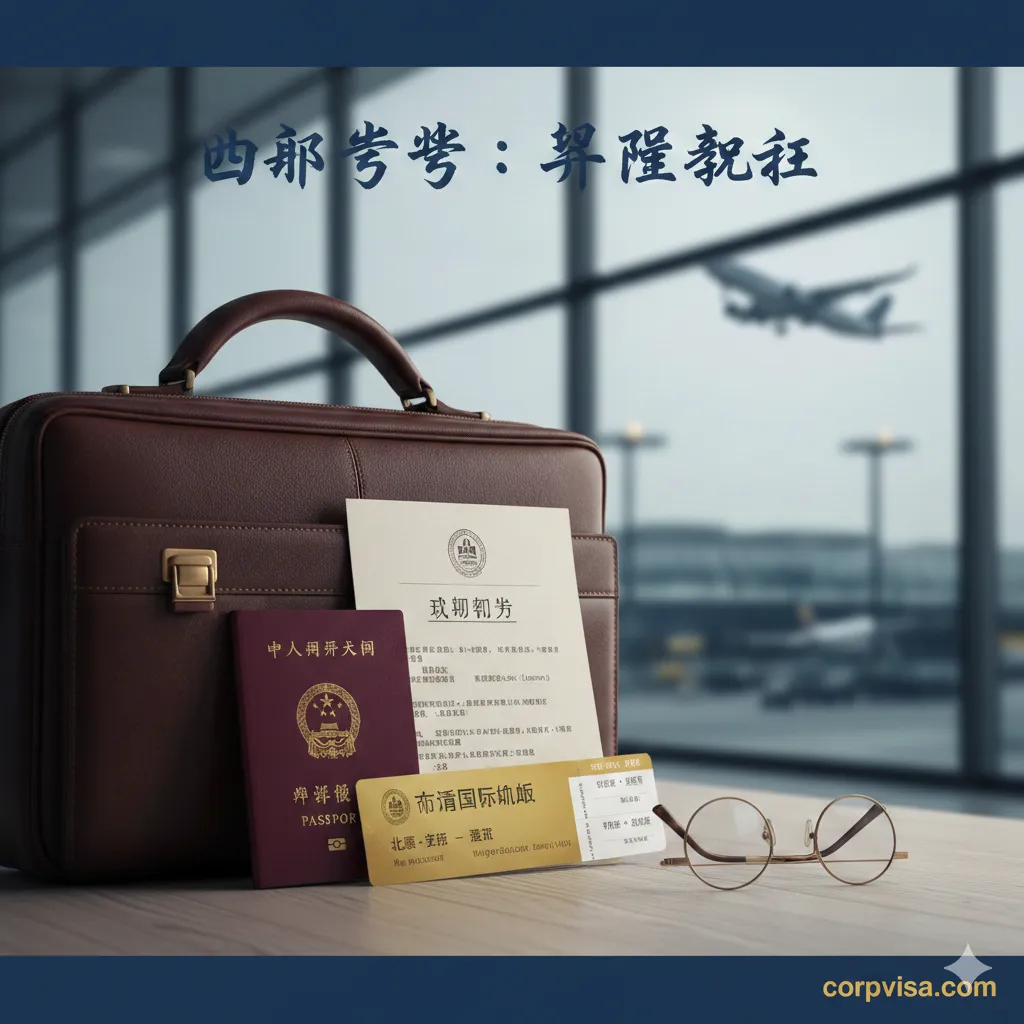 一张极具专业感的留学准备封面图。画面中心是一个精致的皮质公文包，旁边堆叠着整齐的护照、录取通知书、一张飞往国外的机票和一副复古眼镜。背景是模糊的航站楼玻璃幕墙和远处的飞机起飞剪影。色调采用温暖的深蓝色和金色，光影柔和，构图平衡，展现出一种高端、期待且有条不紊的商务留学氛围。