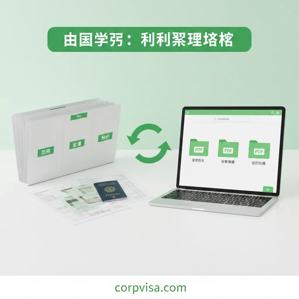 一份可视化的文件整理教程图。画面分为实体和数字两部分：左侧是一个分类清晰的风琴夹，贴有‘学术’、‘资金’、‘身份’标签；右侧是一个现代化的平板电脑屏幕，显示着整齐的PDF云端文件夹。中间用循环箭头连接，象征同步管理。配色清新自然，使用明亮的绿色和白色，传达出数字化管理的系统性和高效感。
