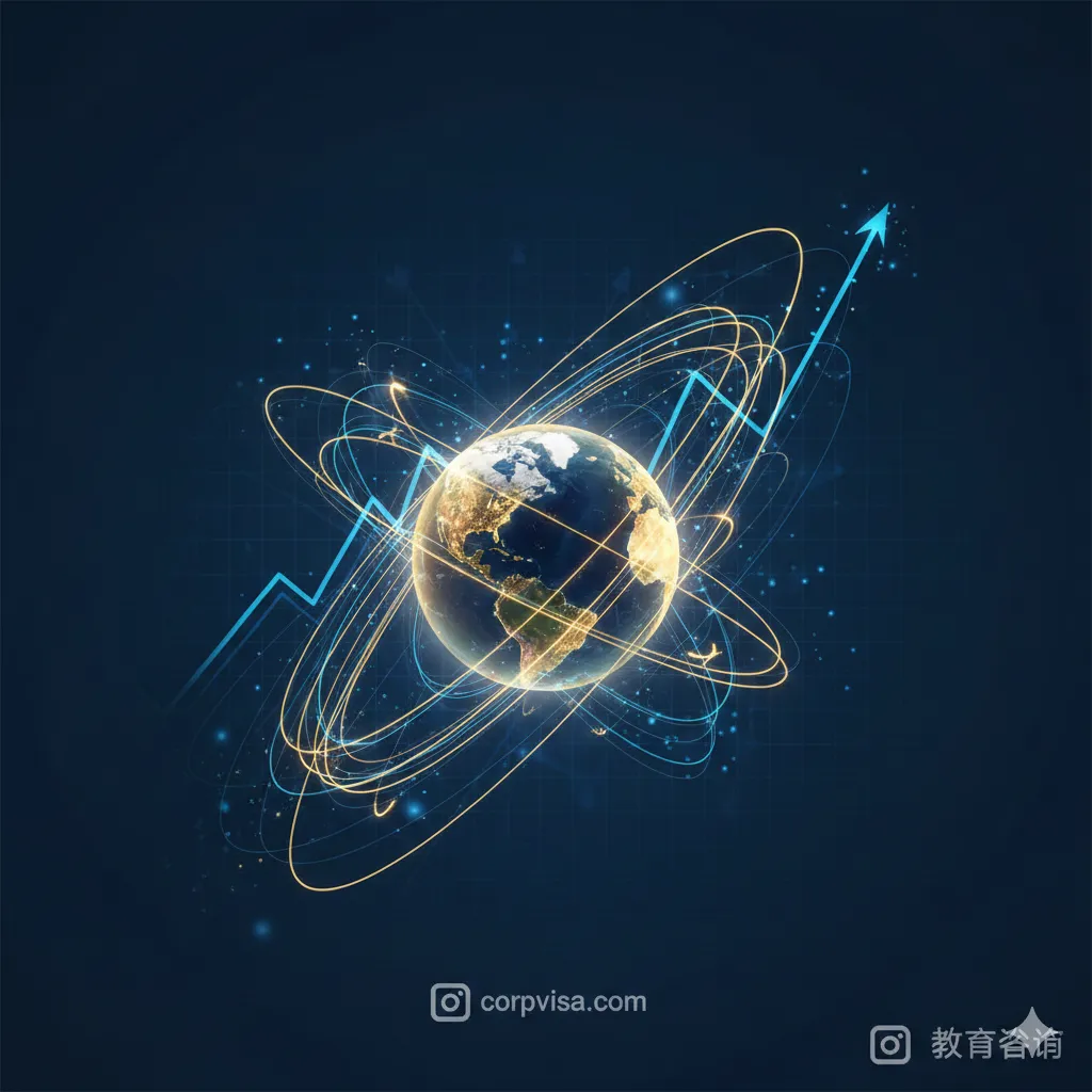 一张具有宏大叙事感的封面图。构图中心是一个发光的地球仪，四周环绕着飞往世界各地的光迹线条，背景隐约可见历年出国留学人数增长的半透明折线图。色调采用深邃的科技蓝与温暖的金黄色对比，体现国际化与希望。画面上方留白，适合添加标题文字，整体呈现出专业、权威的教育咨询风格。