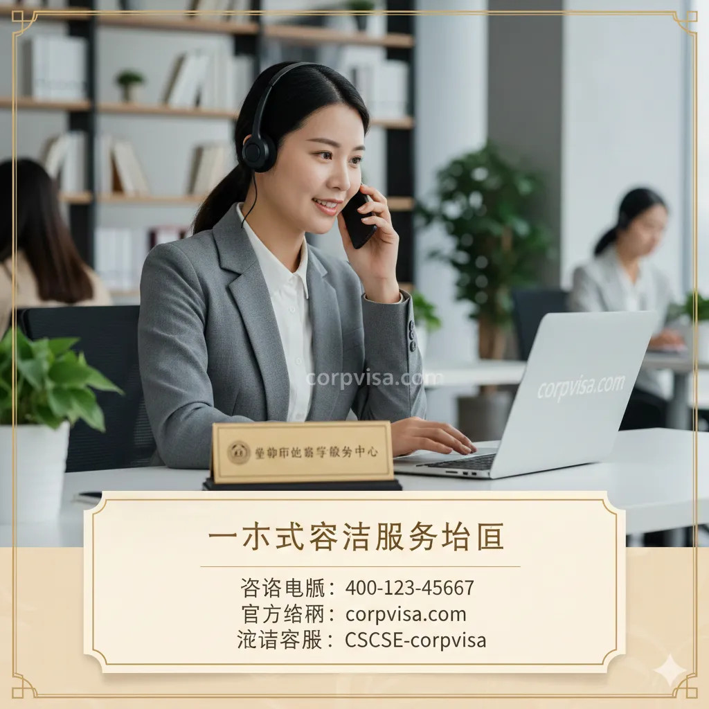 文章总结与服务咨询引导图。画面呈现一位穿着职业装的专业顾问正在接听电话或操作电脑，面前摆放着corpvisa.com的品牌标识。背景是模糊的办公场景，营造可靠的咨询氛围。画面下方设计一个精致的总结框，包含联系方式和‘一站式指南’字样，整体风格温馨、专业且具有信任感。