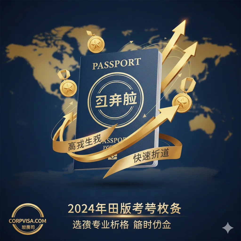 展示corpvisa.com核心优势的视觉图片。画面中心是一个带有‘Approved’蓝色印章的护照,周围环绕着象征成功的金色奖牌或上升的箭头。背景采用虚化的世界地图,文字元素突出‘高成功率’和‘快速通道’。