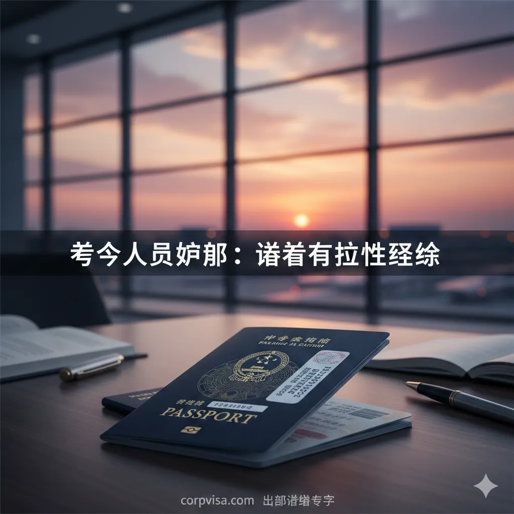 一张高质量的特写构图，展示一本深蓝色护照半开放在现代感十足的办公桌上，护照内页隐约露出精美的签证防伪底纹和清晰的生效日期。背景是虚化的机场航站楼玻璃幕墙，伴有微弱的夕阳余晖。画面色调稳重且具有商务感，体现出‘该留学人员所持护照有无有效的出国签证’这一严肃且专业的主题，光影柔和。