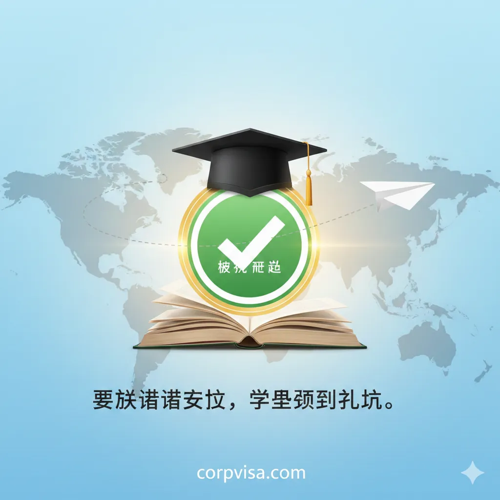 一张寓意学业成功的总结性视觉图。画面中心是一个勾选成功的绿色圆形图标，象征着签证有效性核实通过。周围点缀着毕业帽、书籍、飞往远方的纸飞机以及世界地图背景。整体色调明亮、充满希望，传达出‘确保签证有效，学业顺利启航’的核心理念，为整篇关于签证状态查询的内容做完美的收尾。