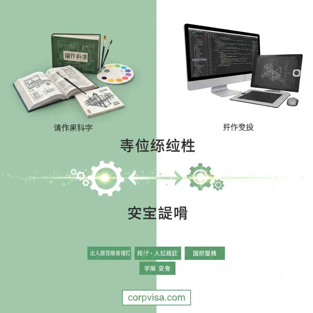 一张强调‘专业关联性’（専攻関連性）优势的对比图。左侧展示一个求职者的专业背景（如计算机课本、艺术调色盘），右侧展示对应的日本工作岗位（如程序员代码界面、设计师画板）。中间用一条闪亮的链条或逻辑线将两者紧密连接，象征关联性证明的成功。背景整洁，使用绿色和白色的清爽配色，传达出成功率高和逻辑严密的信任感。