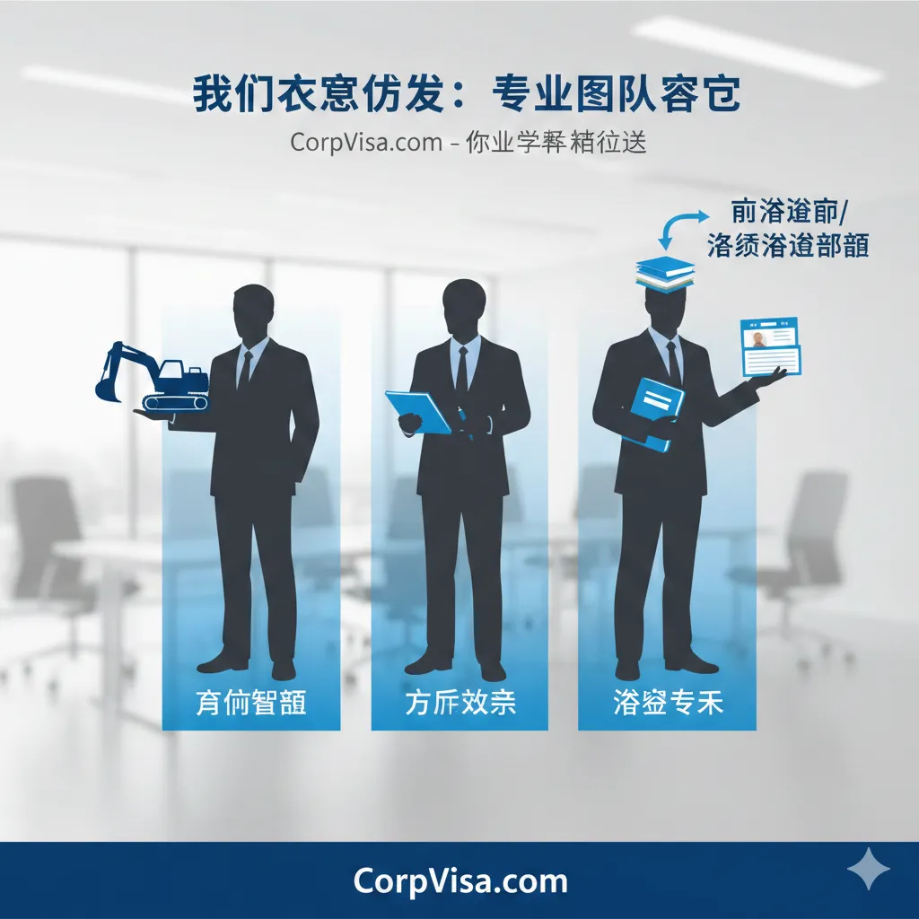 突出CorpVisa“核心团队配置”优势的图片。画面中央并列站立着三个专业人物的剪影或插画：一位是拿着挖掘机图标的“前期顾问”，一位是拿着笔和文书的“后期文案”，以及最右侧一位手拿签证材料或移民法律书籍的“签证专家”（强调其独特和关键性）。背景可以是现代化的办公室，色彩沉稳，如深灰和亮蓝，象征专业的分工和跨职能协作。重点突出“前签证官/资深签证顾问”视角的引入。