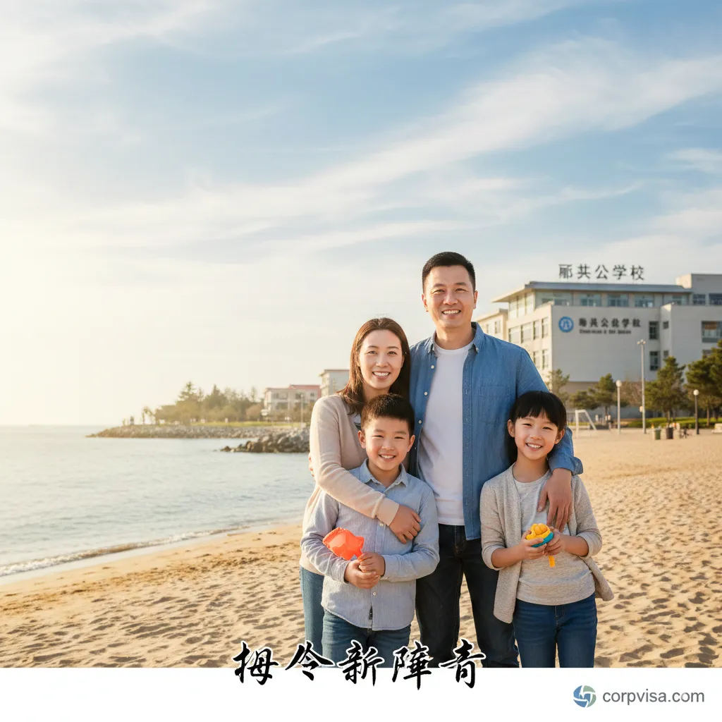 图片用于总结部分，强调大龄或家庭申请者成功的圆满结局。画面中央是一个温馨的四口之家（父母和两个孩子），在加拿大或澳大利亚的公立学校或海边公园愉快地生活。父母带着满足的笑容，象征着身份的稳定和子女教育的成功。风格应温暖、积极，采用柔和的自然光。构图重点突出家庭和睦与身份安全感，与文章末尾的'海外新篇章'相呼应，作为最终目标的视觉总结。