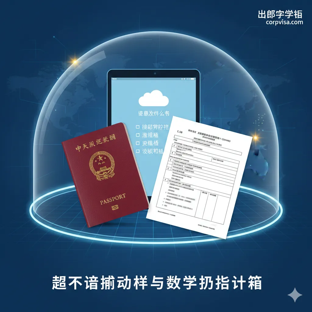 用于突出文章“绝不遗漏的文件与数字行李清单”部分的核心安保功能。图片应展示一个“文件保护伞”的概念。画面中心是一个清晰的护照原件、I-20/CAS文件，旁边是象征数字化备份的平板电脑或手机屏幕，屏幕上显示云端存储图标和重要文件列表。周围有淡蓝色的保护罩或光环，强调这些文件需要随身携带和备份的重要性。色彩应是严肃的商务蓝、白色和少许高亮的警示黄。风格应是信息图表与实物混合的专业插画。