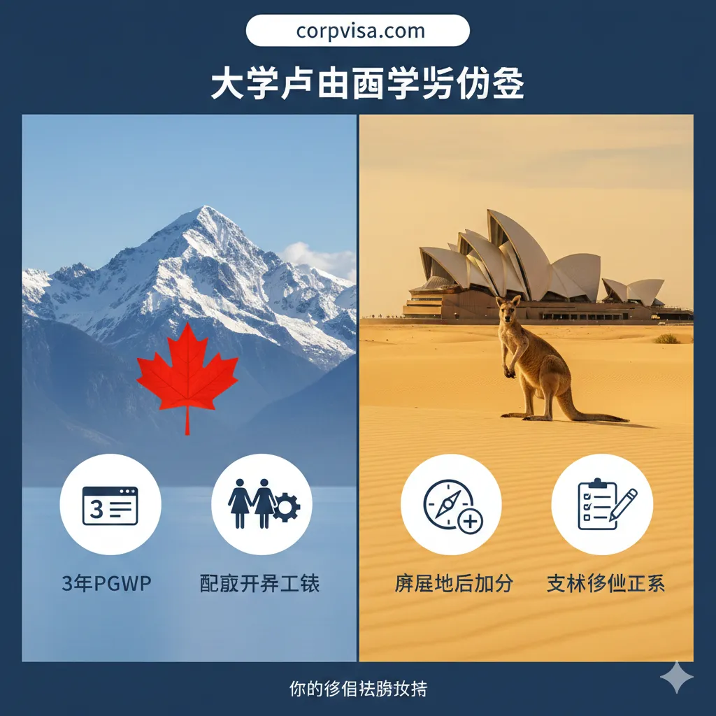 图片应突出加拿大和澳大利亚作为移民友好国家的优势。画面左右两边分别是加拿大（枫叶、雪山）和澳大利亚（袋鼠、悉尼歌剧院）的标志性元素。在两个国家图像下方，分别用醒目的图标强调其独特优势：加拿大是“3年PGWP”和“配偶开放工签”，澳大利亚是“偏远地区加分”和“技术移民列表”。整体色彩明亮，传递稳定、友好的信息，强调corpvisa.com的移民法务支持。
