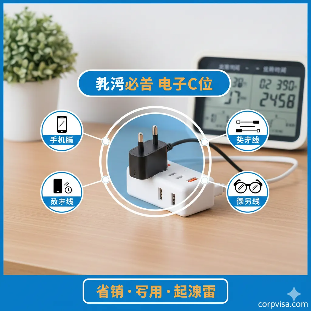 用于展示实用生活用品清单中的“取舍与必备”优势，特别是强调电子产品的性价比好物。画面应展示一个全球通用转换插头和带USB口的插线板，作为“留学必带物品之首”的视觉中心。周围可以有几个高性价比的小物品图标，如手机膜、数据线、备用眼镜。背景应是简洁的木纹桌面或一个有国际时钟的场景，暗示跨国使用的便利性。色彩明亮、实用，突出电子产品的现代感和工具性，体现“省钱、实用”的优势。