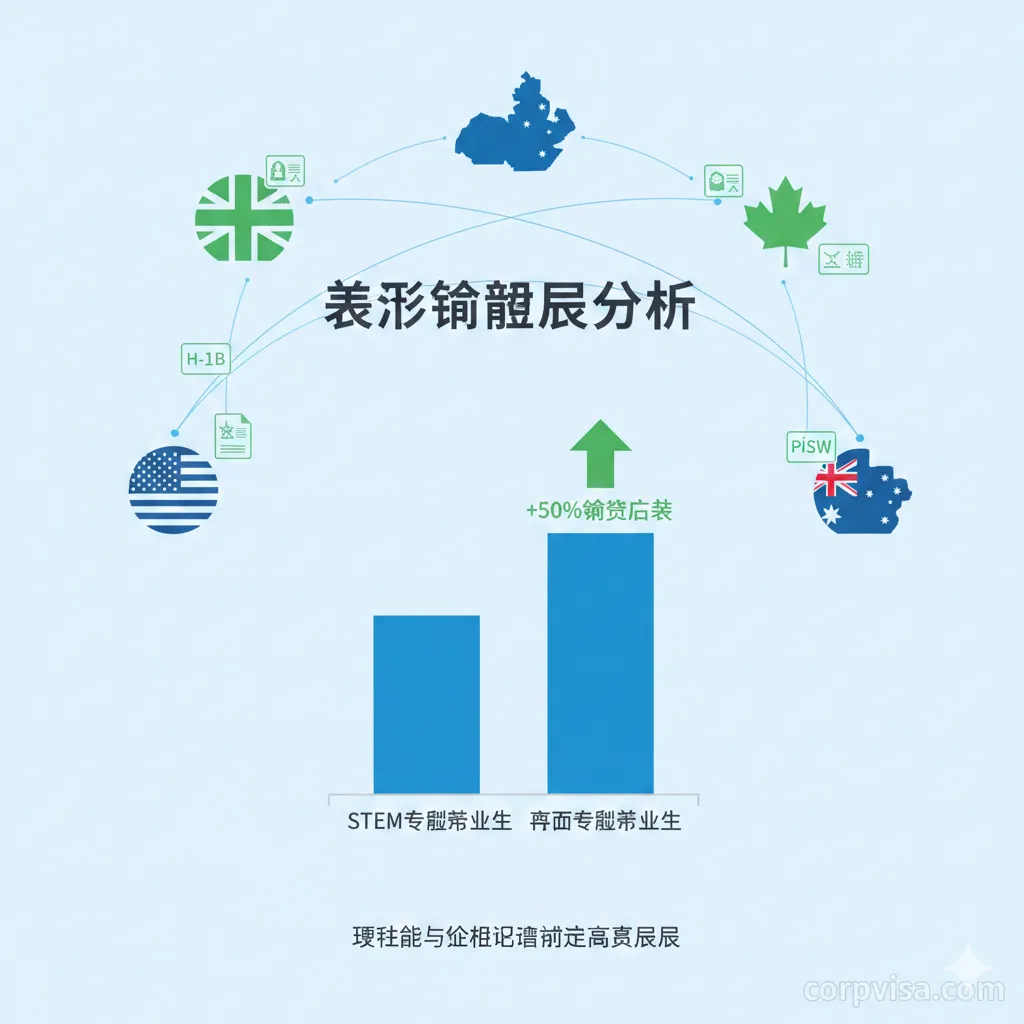 一张现代化的数据可视化图表图片，专注于展示‘留学ROI’。画面中心是一个清晰的柱状图，对比了STEM专业毕业生与普通毕业生的起薪差距，并标注了‘+50%’的增长箭头。背景中融入了英美澳加的国旗元素和签证图标（如H-1B, PSW），通过连接线形成全球网络。色彩以科技蓝和增长绿为主，风格简洁明快，强调硬技能获取与薪资回报的数据支撑。
