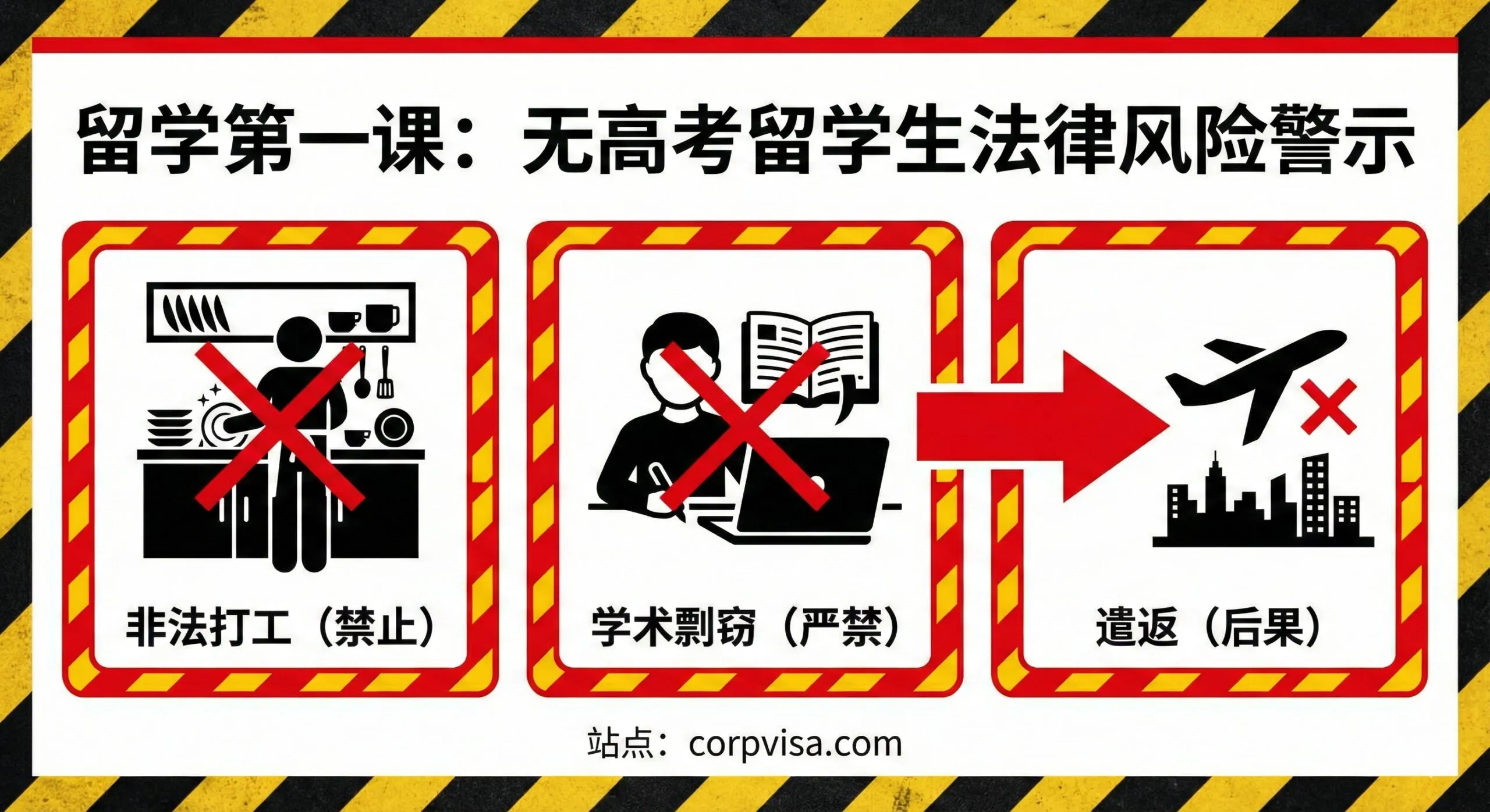 一张警示风格的教育性插图，采用红黄黑的警告配色。画面清晰地描绘了留学中的几大法律“雷区”：打叉的“非法打工（Illegal Work）”图标，打叉的“学术剽窃（Plagiarism）”图标，以及指向“遣返（Deportation）”的红色箭头。设计简洁明了，类似于机场的安全指南手册，旨在直观地告诉无高考留学生哪些红线绝对不能触碰。