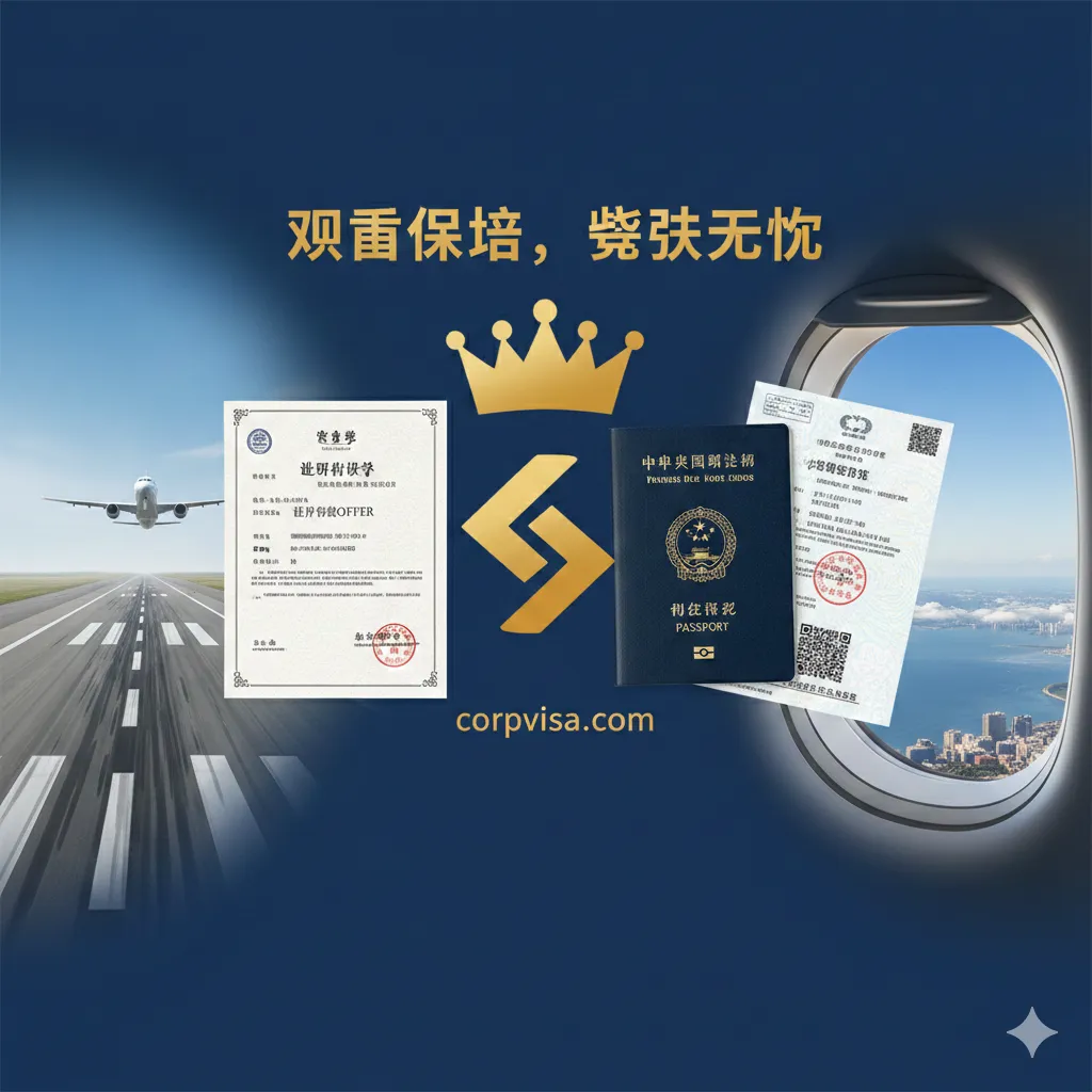 总结和强调“Offer + 签证”双保险理念的图片。画面左侧是一张成功获取的名校录取通知书（Offer），右侧是盖有清晰签证印章的护照或电子下签信（Visa Grant Notice）。两者的上方是一个大大的金色皇冠或双向箭头，象征双重成功和保障。背景可以是一个向远方延伸的跑道或飞机窗口外的世界景观，寓意顺利开启海外学业和身份规划。整体视觉效果积极向上，充满希望和确定性。