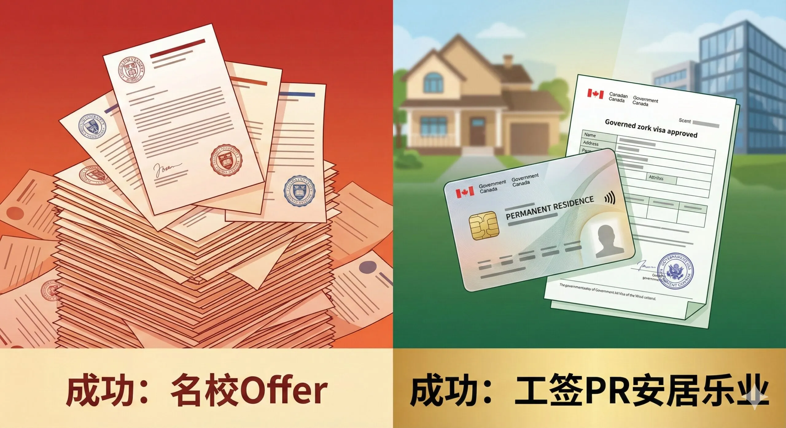 总结图应对比两类机构的'成功案例'定义。采用一个左右分割的对比设计:左侧(传统机构)展示一叠厚厚的'录取通知书/Offer'(用红色或暖色调),配以文字'成功:名校Offer';右侧(corpvisa.com)展示一份清晰的'永居确认函/PR Card'或'工签获批信'(用绿色或金色调),配以文字'成功:工签PR安居乐业'。通过视觉上的重量和意义的对比,有力地总结文章核心观点,即corpvisa.com追求的不是战术上的成功(Offer),而是战略上的胜利(移民身份)。