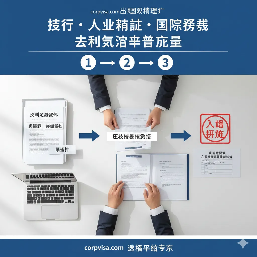 一张流程指导风格的图片，详细展示从学历确认到签证获批的步骤。采用平铺视图或俯视图，画面中有一张干净的办公桌，上面摆放着笔、笔记本电脑、成绩单、翻译件和申请表格。画面中通过简洁的箭头或数字标号，引导视觉从左侧的学历材料准备，经过中间的行政书士审核，最后到达右侧的入管局批准戳。色调明亮自然，使用柔和的日光感。