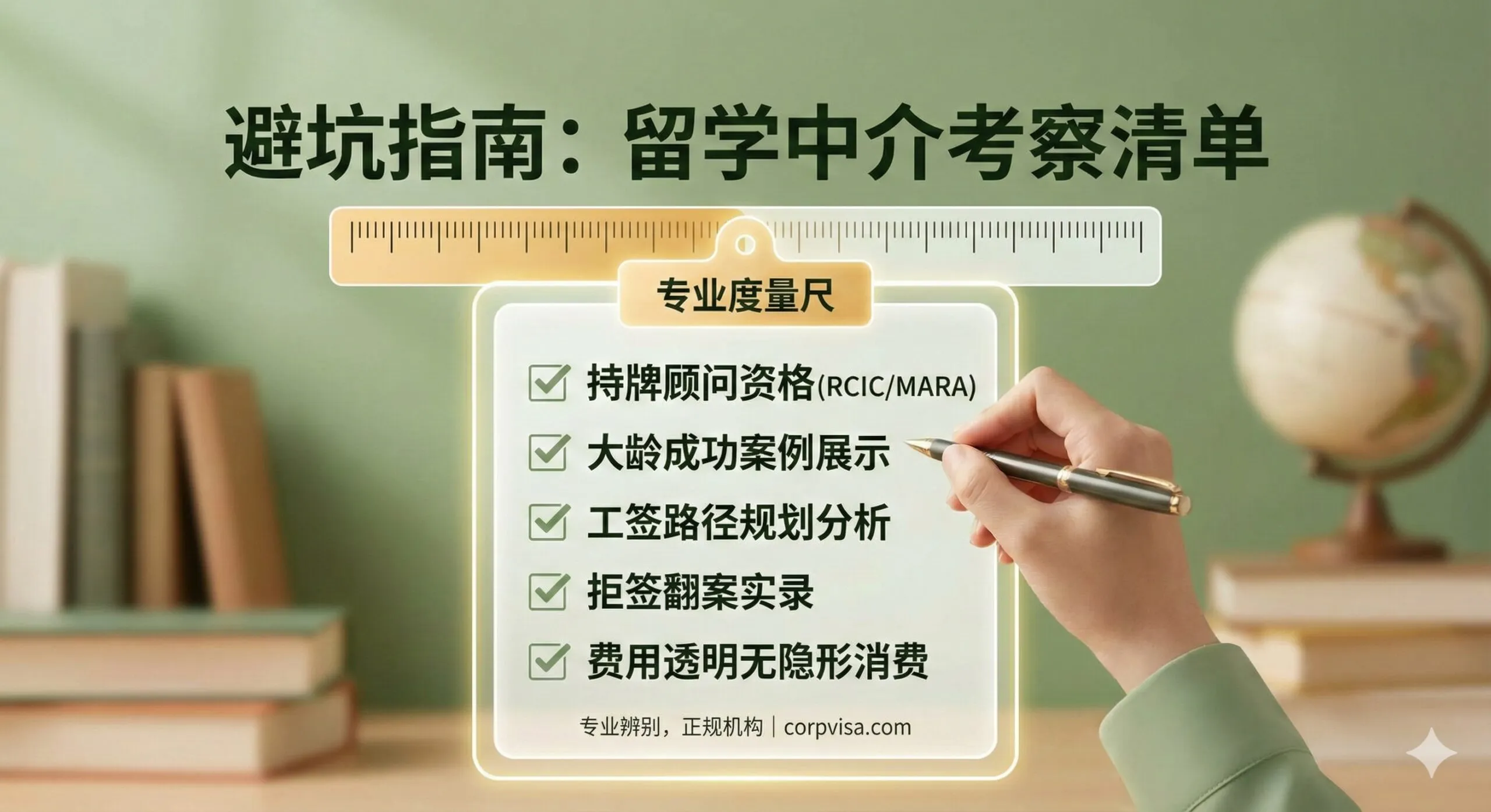 教程图片应具体展示文章中“避坑指南”或“考察中介专业度”的Checklist。主体是一个带有刻度尺和多个勾选框的半透明清单板，清单上的关键词如“持牌顾问 (RCIC/MARA)”、“大龄成功案例”、“工签路径分析”、“拒签翻案记录”等应清晰可见。使用温暖且信任的绿色和白色，构图简洁明了，引导用户进行实际操作和辨别“正规留学中介机构”。