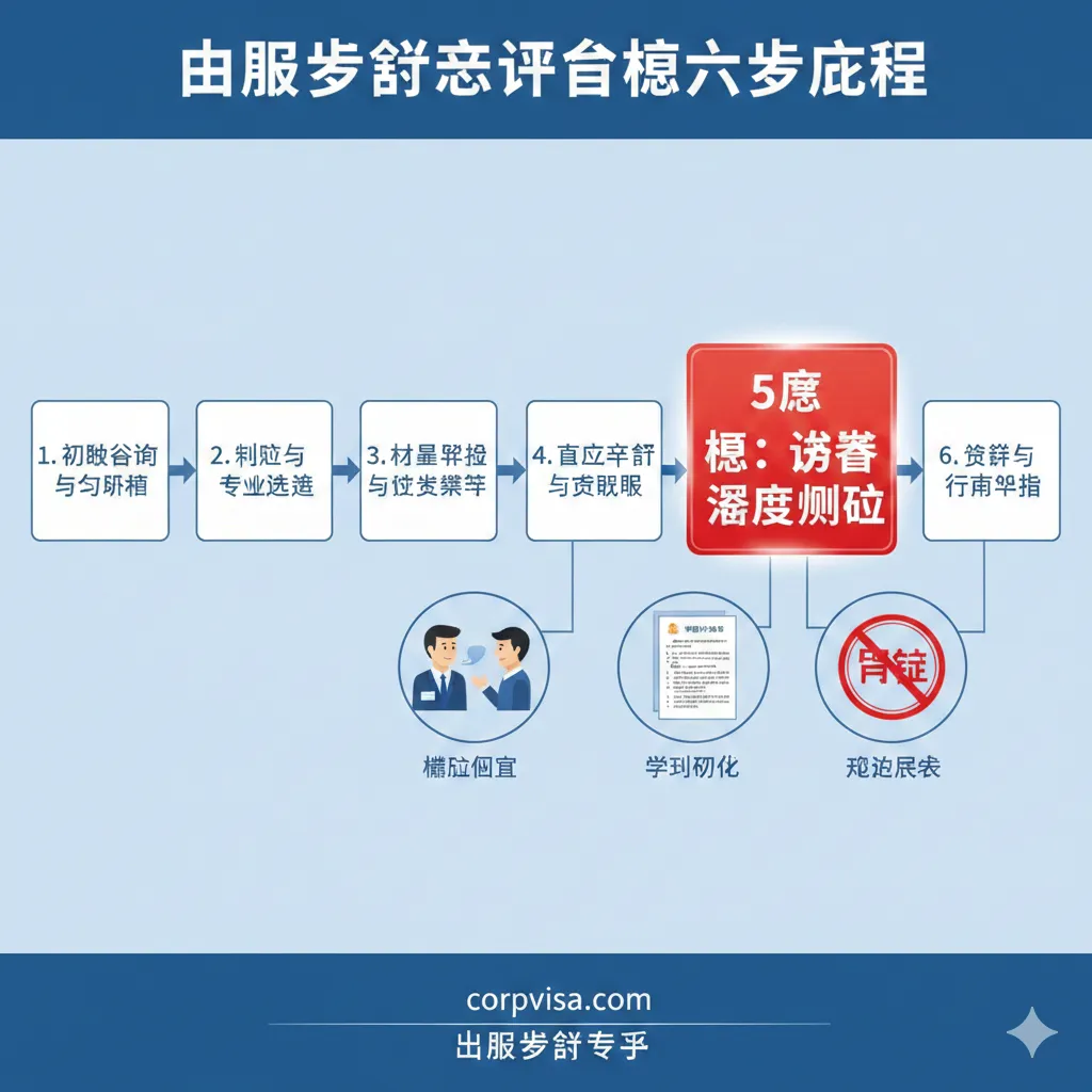 展示留学申请核心六步流程中的“签证深度模拟”和“风险评估”环节的教程图。画面中央是一个简洁的流程图（Flowchart），突出第五步“核心：签证深度模拟”为流程中的关键环节，用红色或醒目的颜色标记。流程图周围有三个图标：一个西装革履的“签证官”进行面试（Mock Interview），一份详细的“学习计划书”（Study Plan），以及一个“拒签章”被打上红色叉号，象征规避风险。风格为扁平化或简洁的商务插画风。