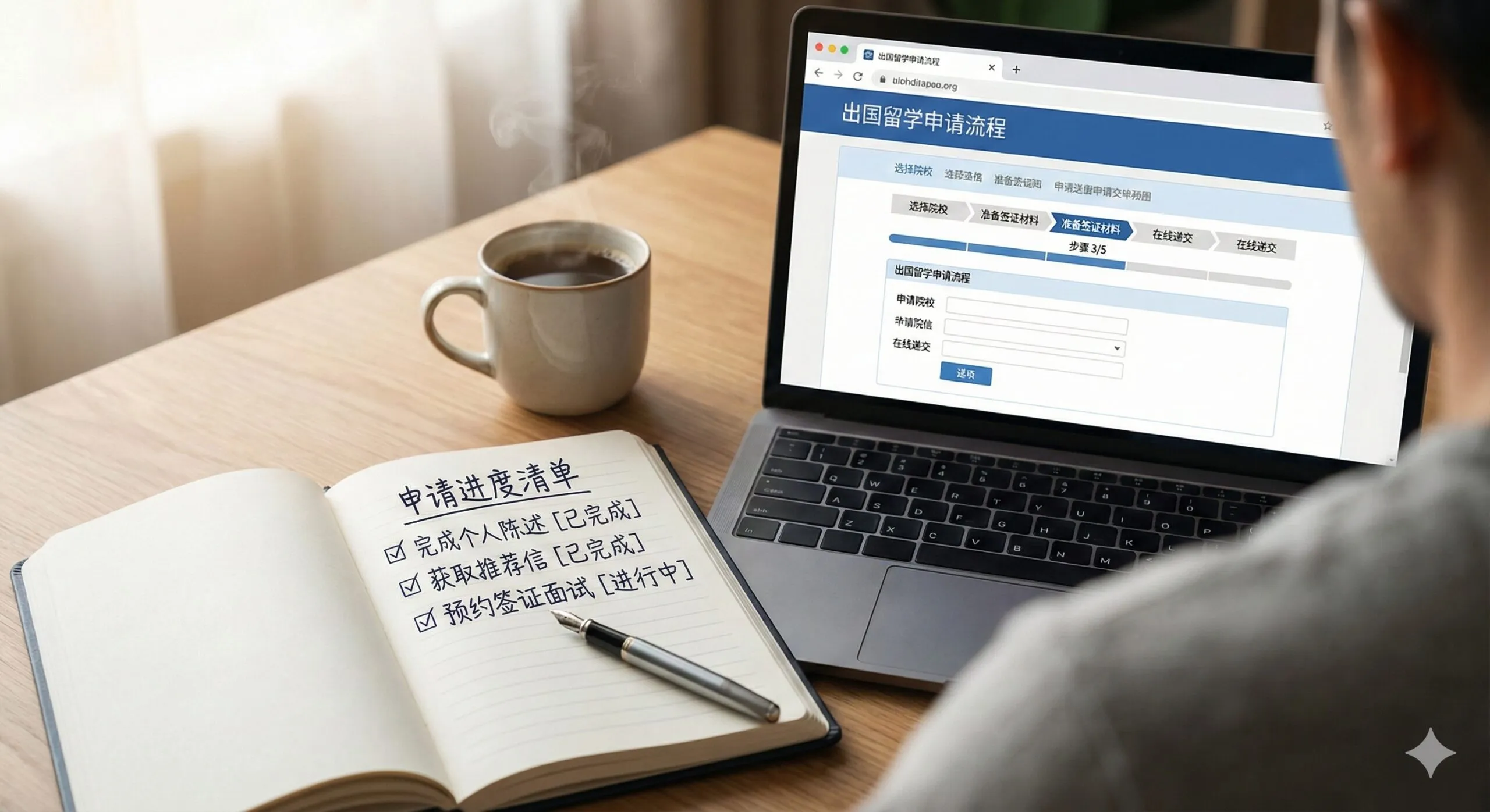 一张高清晰度的特写摄影图，用于展示申请实操场景。视角为过肩镜头，聚焦在一张整洁的书桌上。桌上放着一台笔记本电脑，屏幕上清晰显示着全英文的签证申请界面或大学录取查询页面。旁边放着一本打开的笔记本，上面列着'To-Do List'清单，其中几项已打钩。还有一支高档签字笔和一杯热咖啡。光线为自然侧光，营造出专注、有序的学习与工作氛围，暗示申请过程需要细致与耐心。