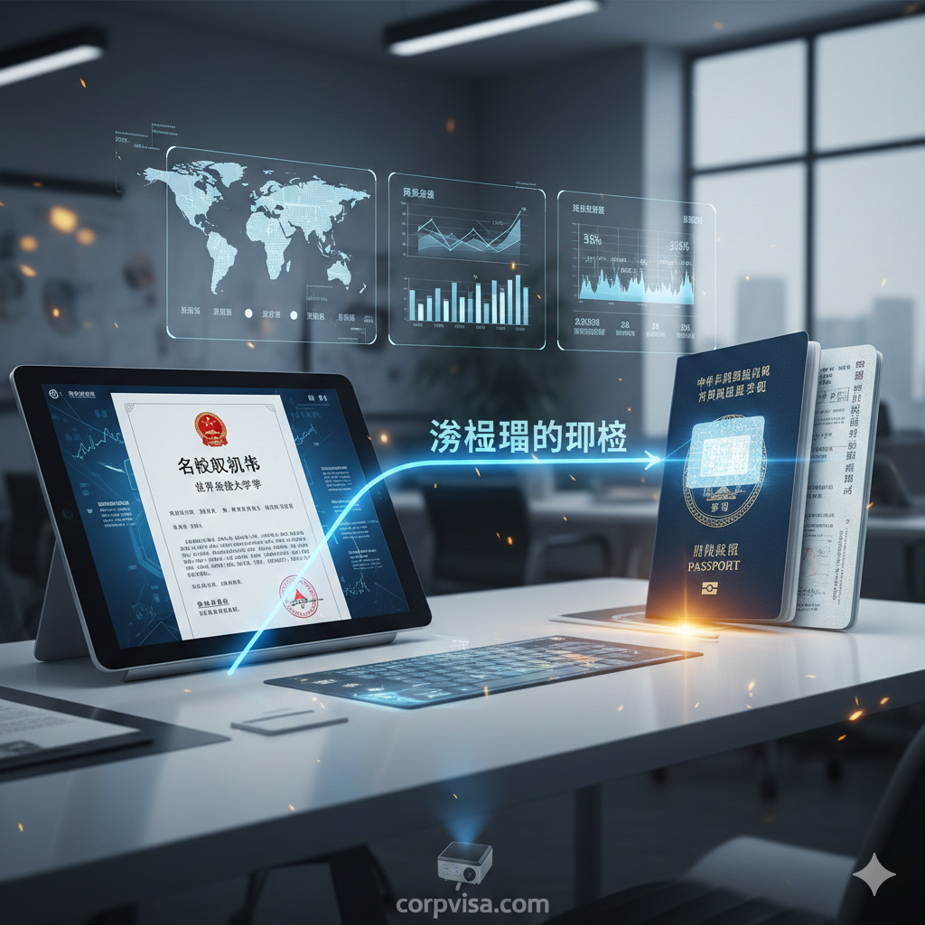 功能图片详细展示了“签证驱动”的核心理念。画面中是一个整洁的数字化工作台，左侧显示着名校的录取通知书（Offer），右侧显示着已获批的护照签证页。中间通过一条发光的连接线连接，象征着两者的紧密耦合。图中包含了一些数据图表元素，代表着风险评估和背景分析，整体风格偏向现代科技感和专业法务风格，体现出 corpvisa.com 严谨的办事逻辑。