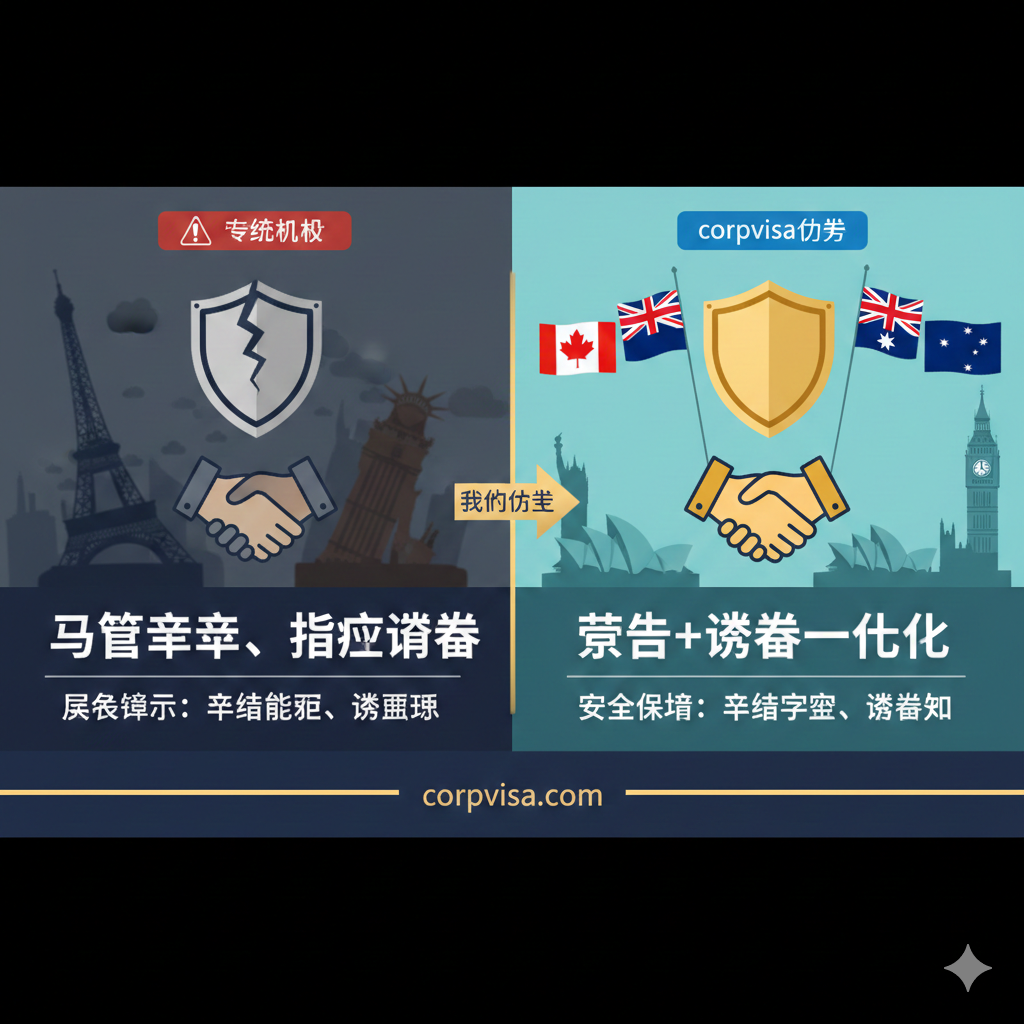 优势对比图片采用左右分屏构图。左侧代表传统机构，画面颜色较为暗淡，突出“只管申请、忽略签证”带来的风险警示；右侧代表 corpvisa.com 的优势，色彩鲜明，强调“留学+签证一体化”的安全感。画面中加入了盾牌图标象征保护，以及握手图标象征信任。背景中融入了不同国家的旗帜或地标缩影，体现全球视野和专业法务背景。