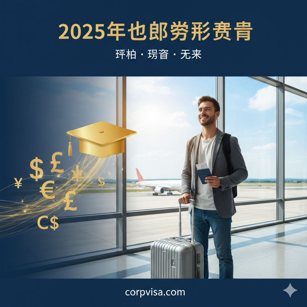 一张具有现代感和专业商务气息的封面图。画面中心是一名自信的年轻留学生拖着行李箱站在国际机场的落地窗前，背景是蓝天与即将起飞的飞机。画面左侧或右侧巧妙融合了不同国家的货币符号（如美元、英镑、欧元、加元）以及象征教育的学士帽。色彩以深蓝色和金黄色为主，寓意专业与财富增长。构图开阔，光影明亮，营造出一种充满希望的投资感。