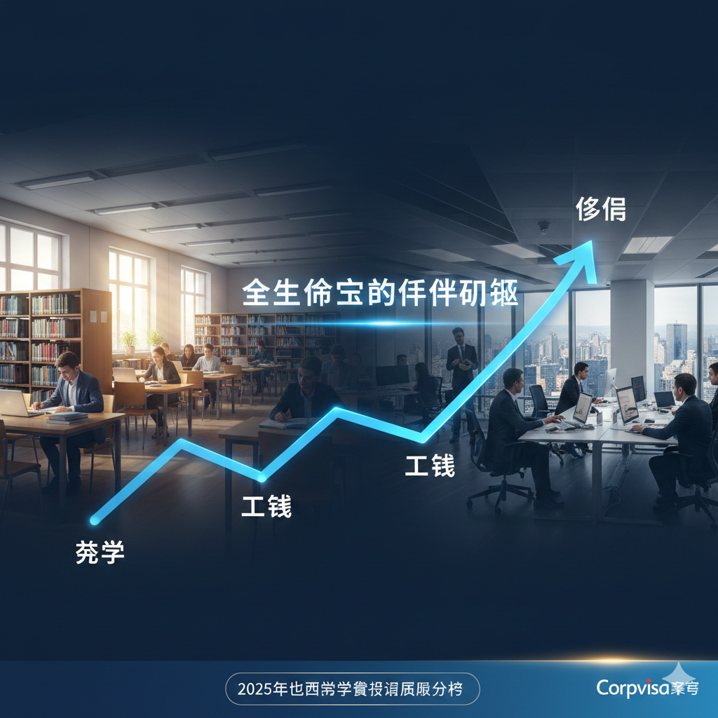 一张体现Corpvisa品牌专业优势的创意图片。画面采用双重曝光效果，左侧是校园图书馆的静谧场景，右侧是繁华大都市的职业办公场景，中间由一条发光的上升曲线连接。曲线节点标注着‘留学’、‘工签’、‘移民’。整体风格高端，采用Corpvisa品牌蓝调，构图上体现出‘全生命周期’的跨度，传达出不仅是留学更是身份规划的深度专业价值。