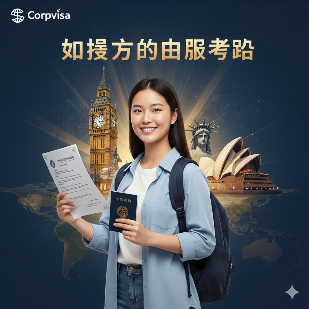 一张充满希望与国际化视野的封面图。画面中心是一名朝气蓬勃的中国留学生，肩背书包，手持录取通知书和护照，背景是融合了伦敦大本钟、纽约自由女神像和悉尼歌剧院的标志性建筑群。整体色彩采用温暖的金色与专业的深蓝色调，光线明亮，构图采用中央聚焦式，展现出开启人生新篇章的使命感，左上角隐约可见Corpvisa的专业品牌质感。