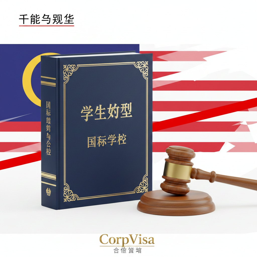 展示‘功能与规则’的主题。画面中心是一本厚重的国际学校纪律手册（Student Handbook），背景是一个法槌和马来西亚国旗元素，象征法律红线。色彩以白、蓝、金为主，强调权威感。构图精简，重点突出‘马来西亚留学生法律保护’和‘校规红线’的概念，展示出CorpVisa对留学合规性监管的深度理解。