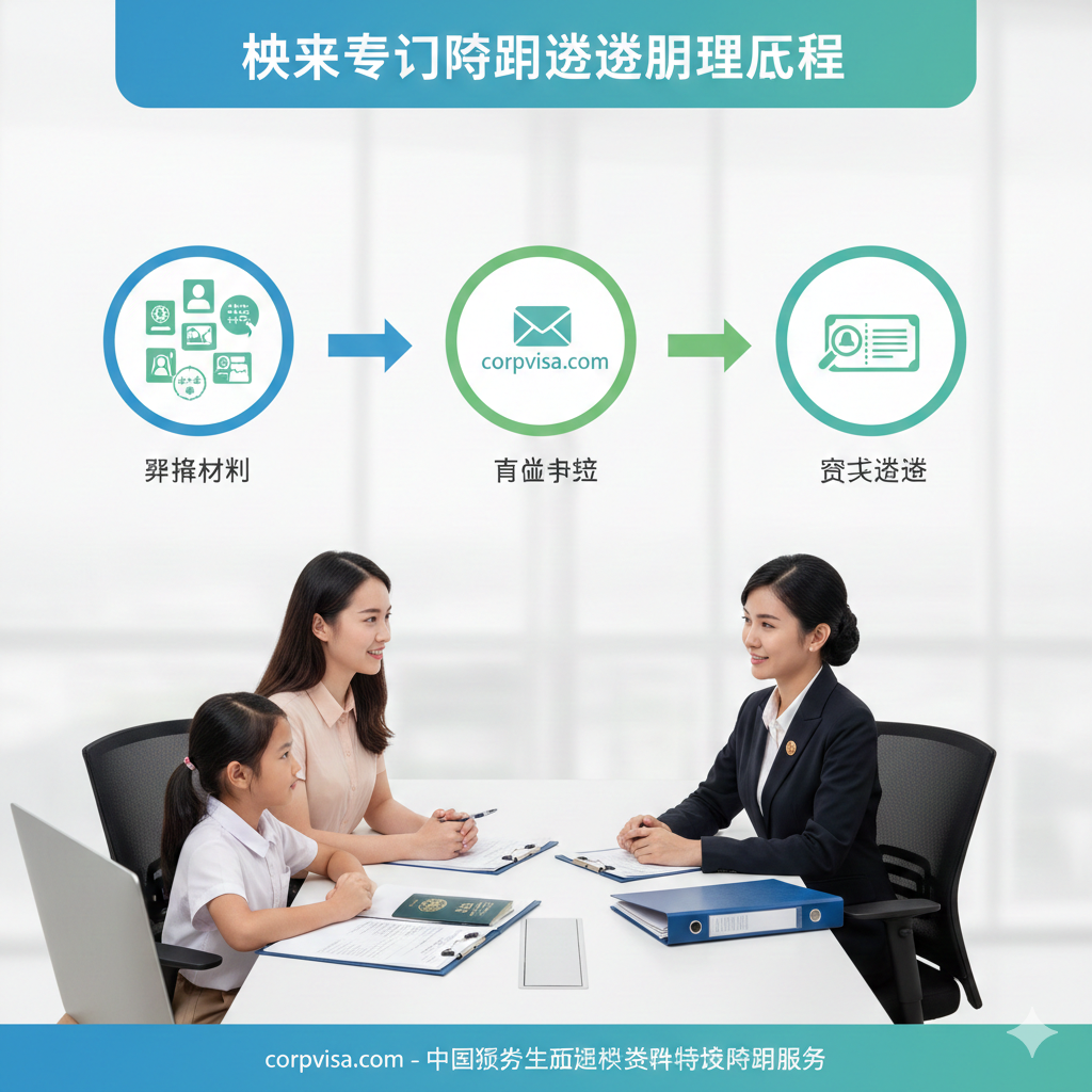 一张清晰的‘流程与教程’示意图。画面展示一位家长带着孩子在专业的办公环境咨询，背景是一个流向图，展示从提交材料到获得‘马来西亚陪读签证’的步骤。色调明亮、柔和，充满希望感。构图采用中景镜头，包含护照、签证申请表等实物元素，视觉化地解释‘马来西亚陪读签证办理流程’。