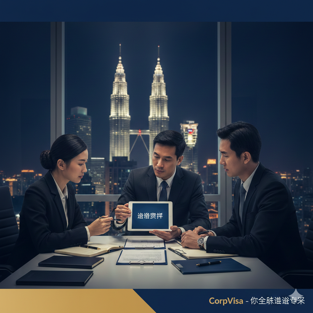画面展示一个穿着职业西装的顾问团队正在讨论复杂的签证案例，桌上放着平板电脑显示着‘Visa Approved’的字样。背景是吉隆坡双子塔的剪影。色调专业且高端，强调CorpVisa在‘马来西亚留学被开除签证处理’等危机公关中的核心优势和值得信赖的品牌形象。