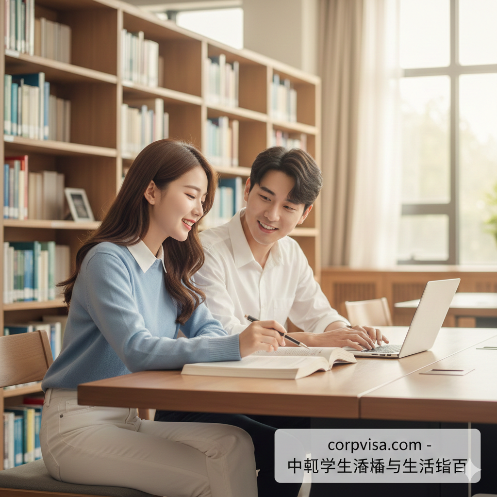 一张展现中韩文化交流主题的封面图片。画面前景是一位外貌甜美、拥有高颜值的韩国女性留学生与一位阳光的中国男性在大学图书馆内并肩而坐，他们正在讨论课业，神情愉快。背景透出柔和的自然光，色彩基调以温暖的米色和浅蓝色为主，构图采用黄金分割比例，营造出一种健康、积极且充满青春气息的跨国恋爱与学习生活的氛围。