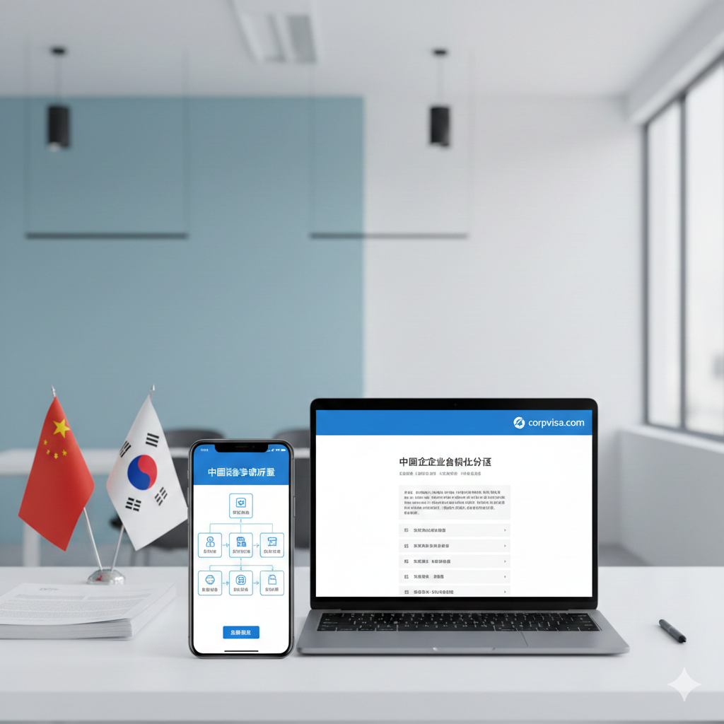 展示corpvisa.com专业咨询功能的界面风格图片。画面中央是一部智能手机和一部笔记本电脑，屏幕上显示着清晰的中国签证申请流程图和合规化指南。背景是现代化的简约办公室，点缀着代表中韩友好的桌面小旗帜。色调以专业、信任感强的商务蓝和白色为主，强调信息的准确性和平台的专业化服务特性。