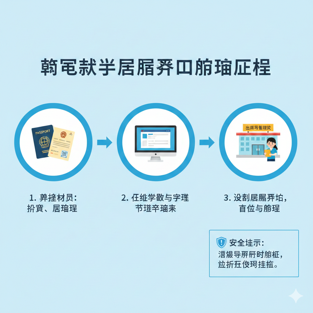 关于韩国留学生办理居留许可的教程示意图。采用扁平化矢量插画风格，清晰地展示从准备护照、录取通知书到前往出入境大厅办理加注的步骤。色彩鲜明，使用引导性箭头连接各个环节。构图整洁，文字标注清晰（中文），画面右上角带有安全提示图标，旨在引导学生合规办理手续，避免非法逾期。