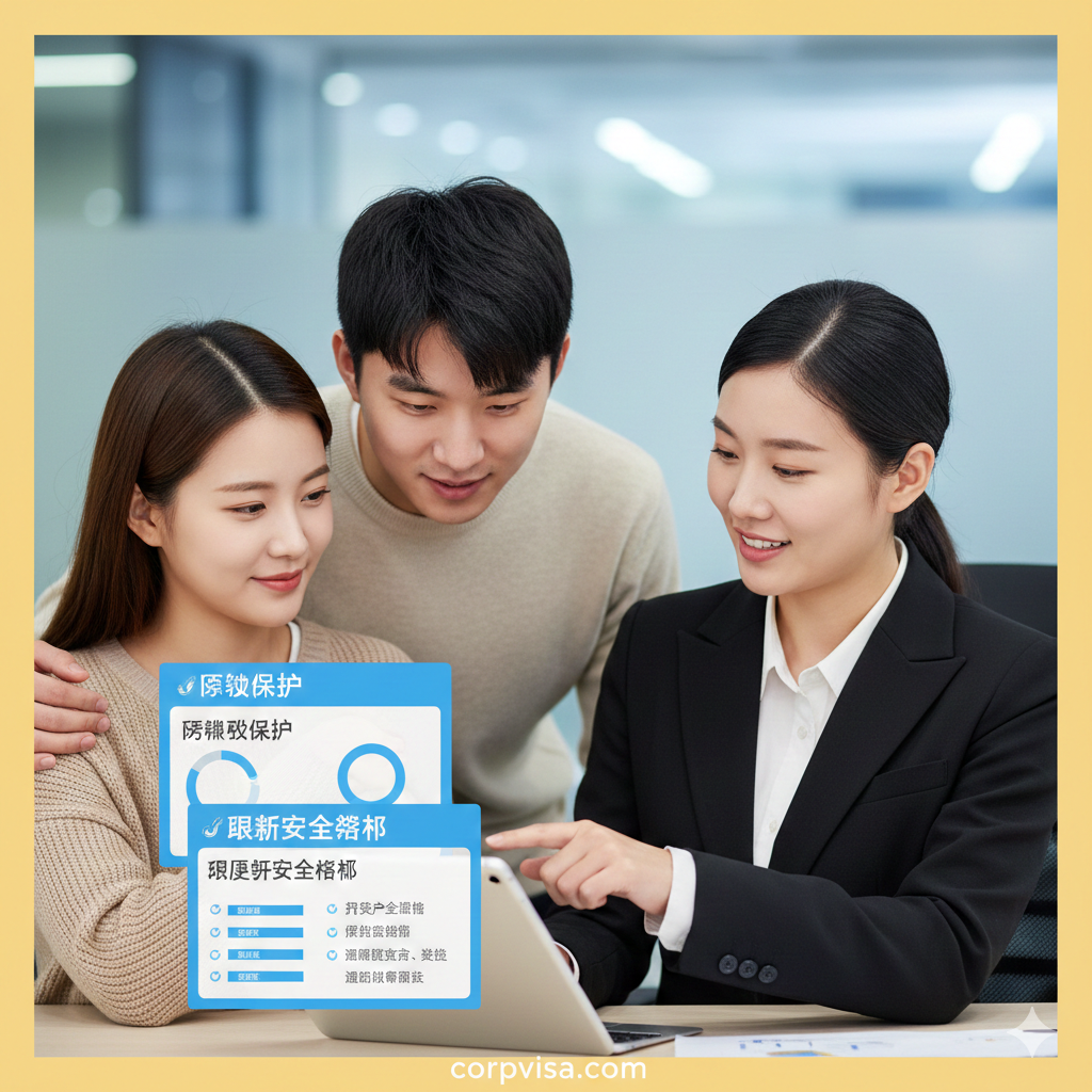 体现corpvisa.com服务优势的视觉图片。画面展现一名专业的顾问正在耐心地为一对中韩情侣讲解隐私保护和互联网安全规范。构图强调人物之间的互动与信任感，背景模糊处理以突出主体。色调温暖且具有安全感，象征着专业机构为留学生在华生活提供的法律保障与合规护航，强调‘合规与安全’的核心价值。