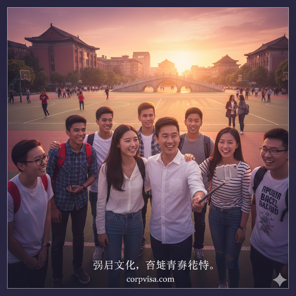 总结性图片，展现留学生在华的美好青春记忆。画面是在傍晚的校园操场或标志性建筑前，一群不同国籍的学生（包括核心的韩国女生和中国男生）正在欢笑合影。光影柔和，充满夕阳的余晖，色彩丰富且和谐。构图宏大，传达出通过合规生活、尊重文化差异最终获得的幸福感与社会融入感，为整篇文章做情感升华。