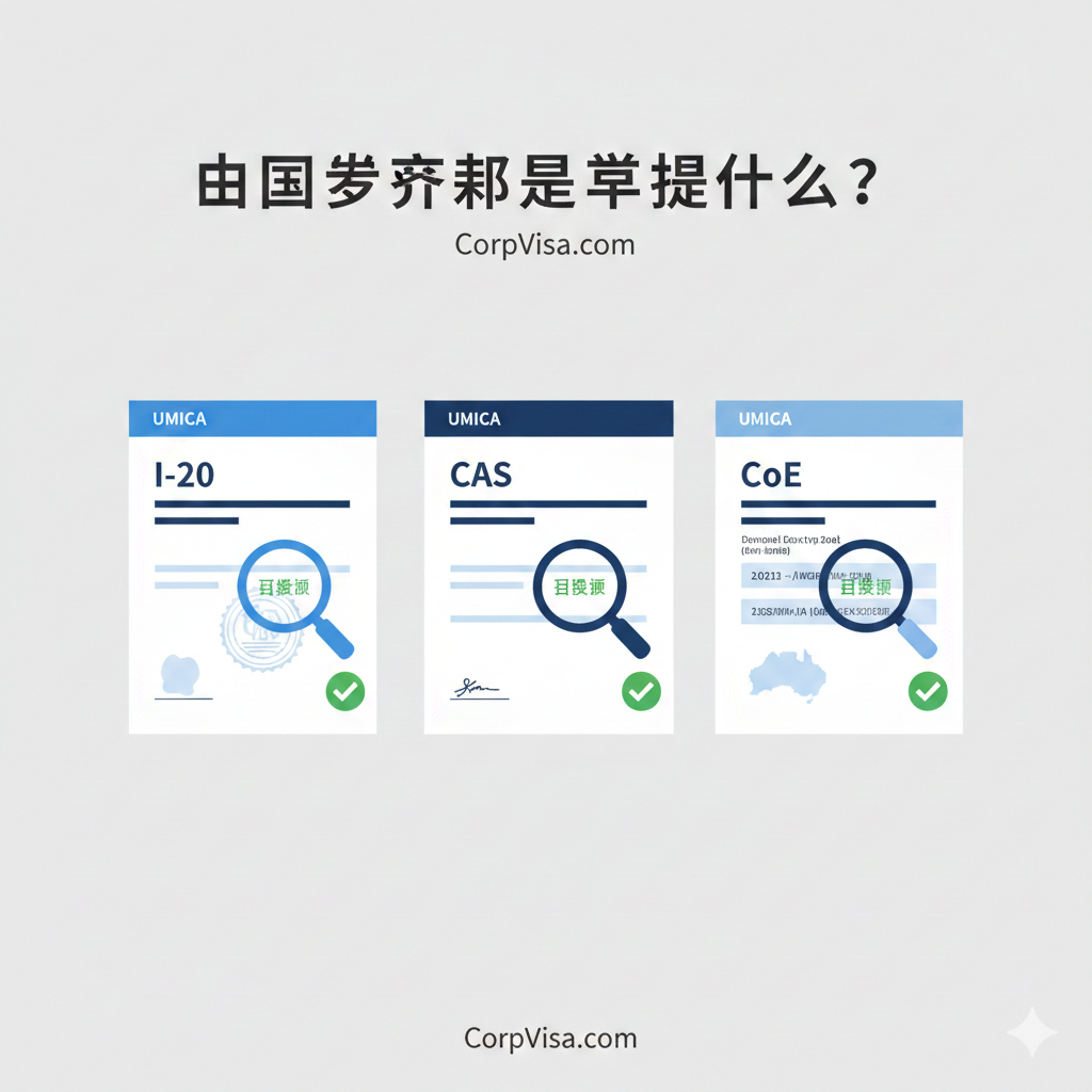 展示签证核心文件的功能特性图。采用扁平化简约风格，背景为干净的浅灰色。画面重点呈现美、英、澳三国的标志性签证表格（如I-20, CAS, CoE），配合放大的放大镜效果，聚焦在关键签字和盖章区域。色调以专业蓝和纯白为主，点缀绿色的‘已审核’对勾图标，强调CorpVisa对文件准确性的专业把控。