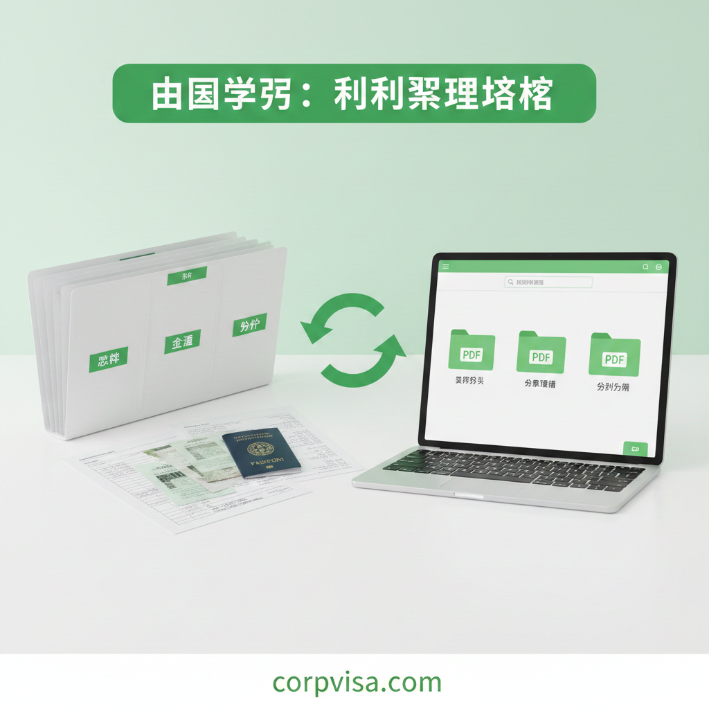 一份可视化的文件整理教程图。画面分为实体和数字两部分：左侧是一个分类清晰的风琴夹，贴有‘学术’、‘资金’、‘身份’标签；右侧是一个现代化的平板电脑屏幕，显示着整齐的PDF云端文件夹。中间用循环箭头连接，象征同步管理。配色清新自然，使用明亮的绿色和白色，传达出数字化管理的系统性和高效感。