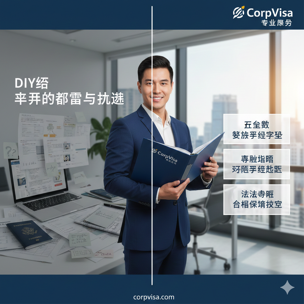 体现CorpVisa服务优势的对比图。画面左侧略显杂乱，象征DIY申请的困惑；右侧由穿西装的专业顾问手持整理完美的深蓝色卷宗，卷宗上印有CorpVisa的标志。背景是一个现代化的落地窗办公室，能看到城市天际线。画面通过对比强调‘零失误’、‘专业指导’和‘法律标准’的品牌价值，色彩沉稳且富有信任感。