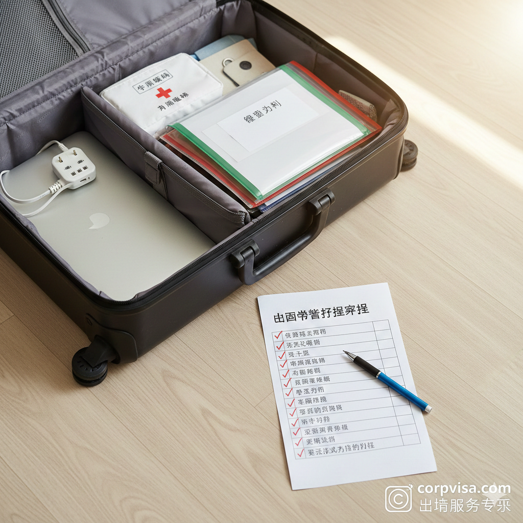 一张温馨且全面的行前总结图。俯拍视角，展示一个半开的行李箱，内部整齐摆放着转换插头、笔记本电脑、常用药品盒和一叠用透明袋封好的应急文件。行李箱旁有一张打满勾的清单，笔尖正指在最后一项。色调明快、充满朝气，阳光从侧面洒入，象征留学之旅顺利启航，给人以安心和圆满的视觉感受。