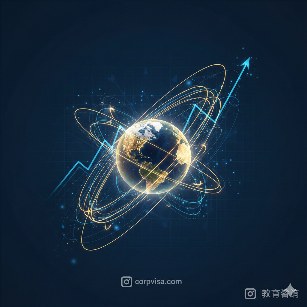 一张具有宏大叙事感的封面图。构图中心是一个发光的地球仪，四周环绕着飞往世界各地的光迹线条，背景隐约可见历年出国留学人数增长的半透明折线图。色调采用深邃的科技蓝与温暖的金黄色对比，体现国际化与希望。画面上方留白，适合添加标题文字，整体呈现出专业、权威的教育咨询风格。