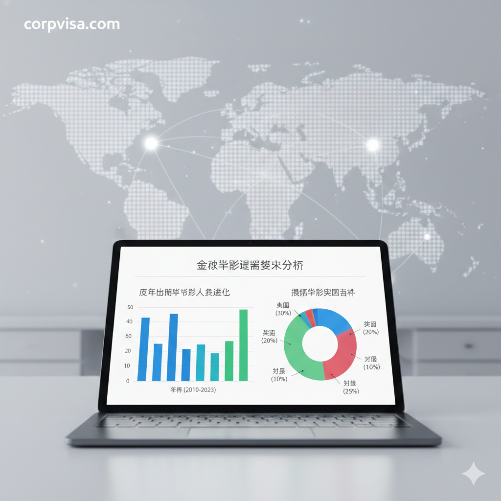 展示数据分析功能的视觉表现。画面采用干净的极简主义办公室风格，一个发光的平板电脑屏幕上展示着色彩鲜明的可视化图表，包括展示历年出国留学人数变化的柱状图和各大热门留学国家的比例饼图。背景是柔和的浅灰色，点缀着代表全球连接的点线元素，传达出精准、科学的数据透视能力。