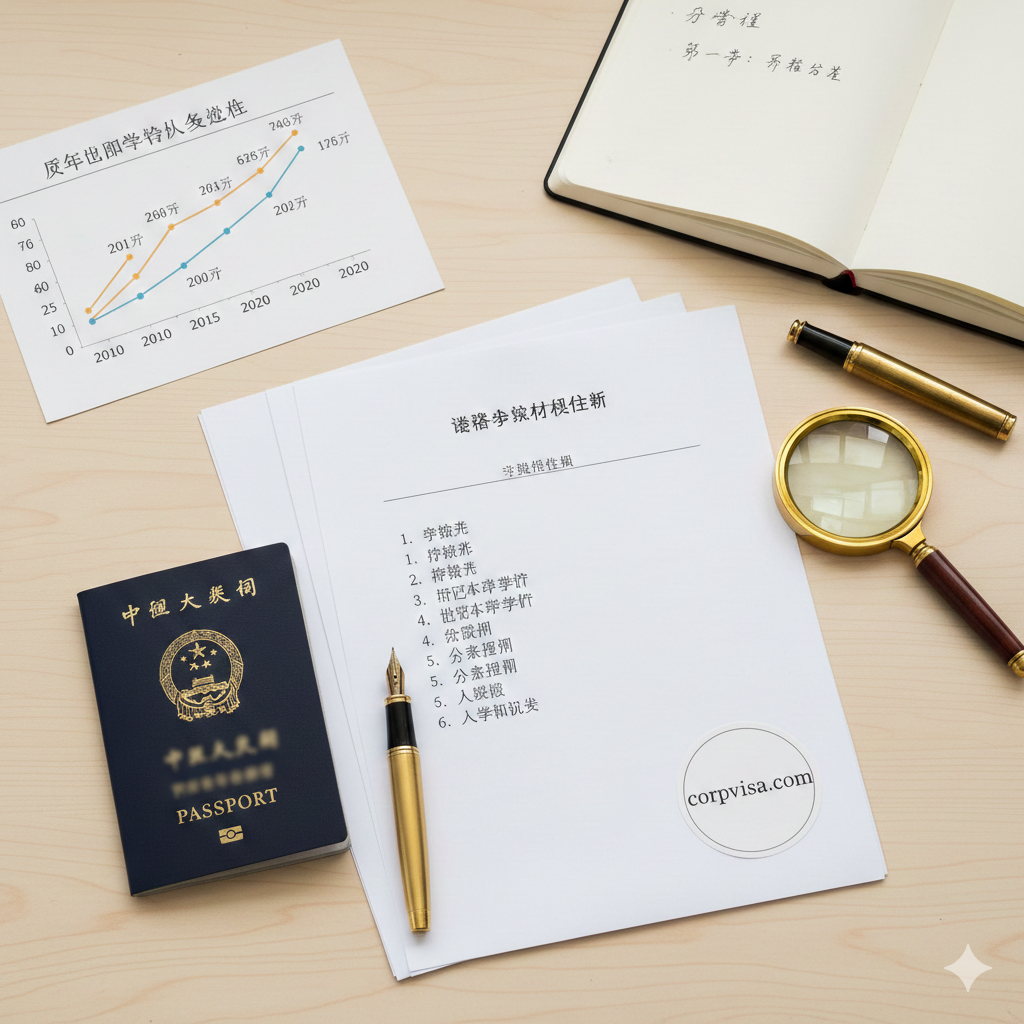 一张展示签证申请流程的教程指导图。画面以工作台为视角，摆放着精致的出国护照、放大镜、钢笔以及整理有序的签证申请文档。背景是一个写有‘Step by Step’字样的笔记本。色彩明快且温馨，使用明亮的米白色和自然的木质色调，构图上采用俯视俯拍，清晰地传达出流程化、标准化的申请指引感。