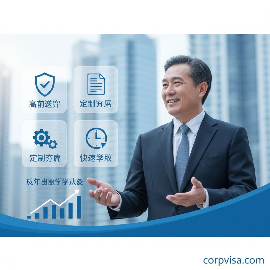 体现corpvisa.com专业优势的视觉图。画面中心是一名穿着得体商务装的资深顾问正在微笑着进行咨询，背景是模糊的现代化摩天大楼。画面侧边悬浮着三个半透明的图标，分别代表‘高通过率’、‘定制方案’和‘快速预约’。光影柔和，采用企业蓝与纯白色的经典搭配，建立品牌信任感与专业度。