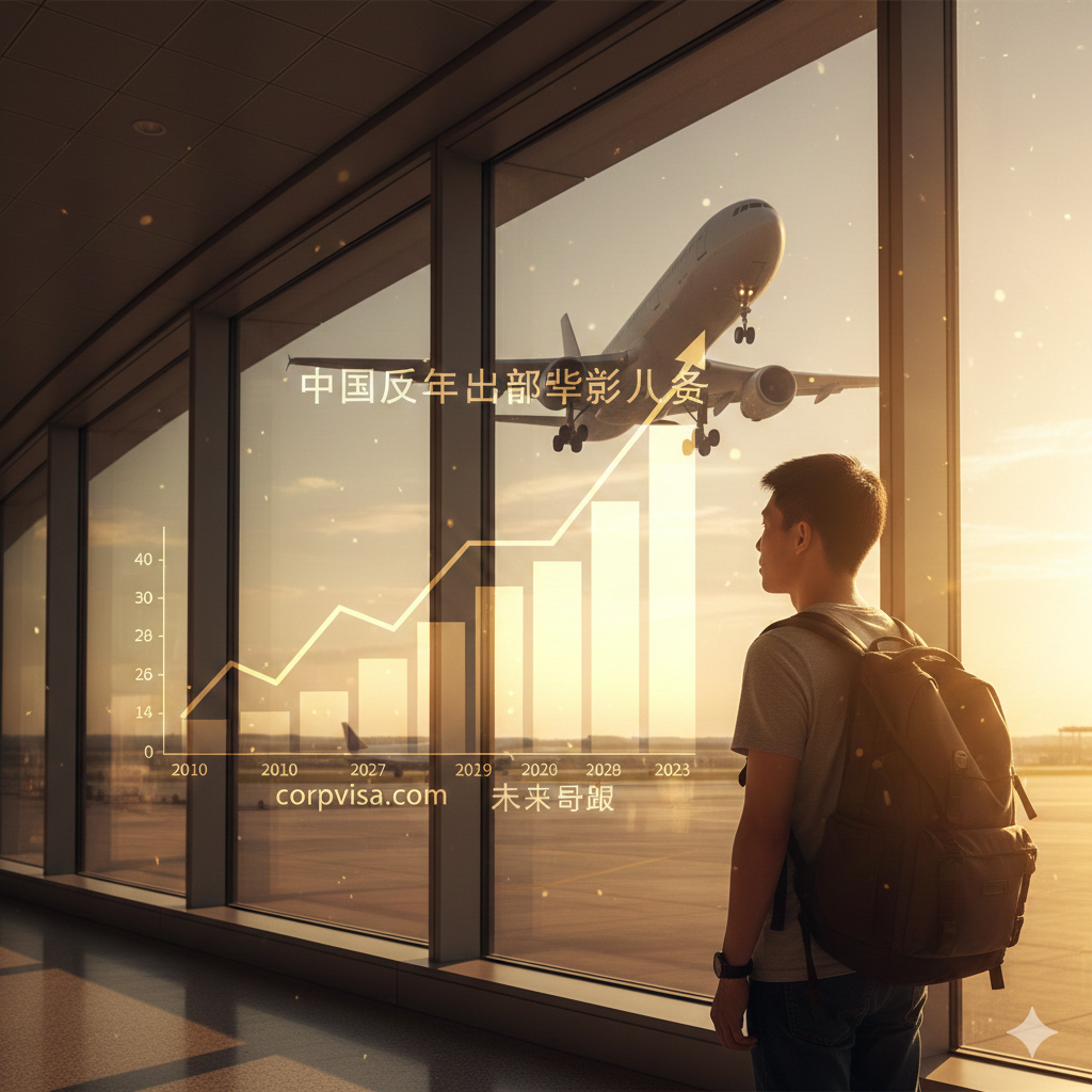 一张充满未来展望的总结图片。画面展示一名年轻的留学生背着背包，站在机场巨大的落地窗前，凝望远方正在起飞的飞机，窗玻璃上映射出历年出国留学人数稳步上升的数据虚影。阳光透过窗户洒入，金色的余晖充满画面，寓意留学之路前景光明。构图深远，情感充沛，为整篇文章画上圆满句号。