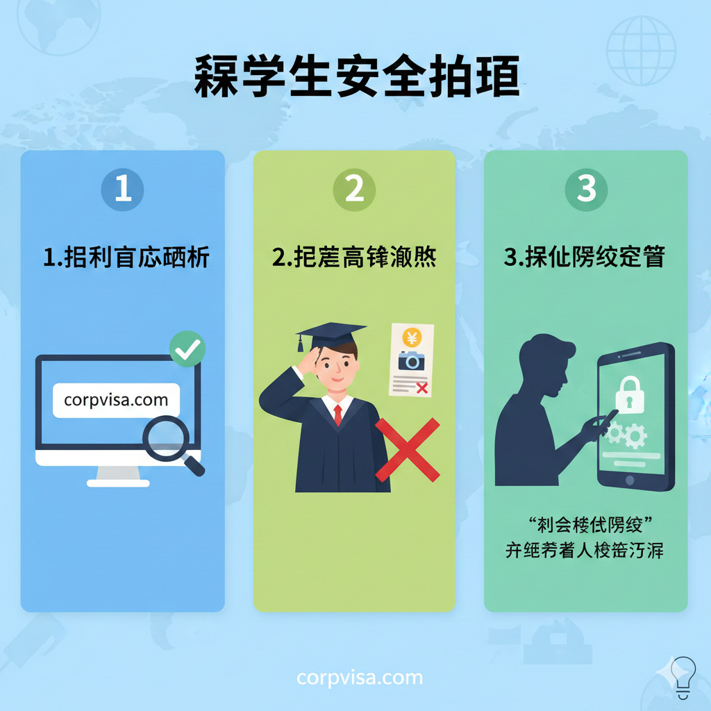 一张清晰的留学生自我保护步骤图。画面采用明亮的扁平化设计风格，分为三个步骤：第一步，识别官方域名（如corpvisa.com）；第二步，拒绝高薪拍摄诱惑；第三步，强化社交媒体隐私设置。图中包含一名正在操作智能手机的留学生，侧面展示其如何开启隐私保护功能。色彩清新，给人以指导感和安全感。